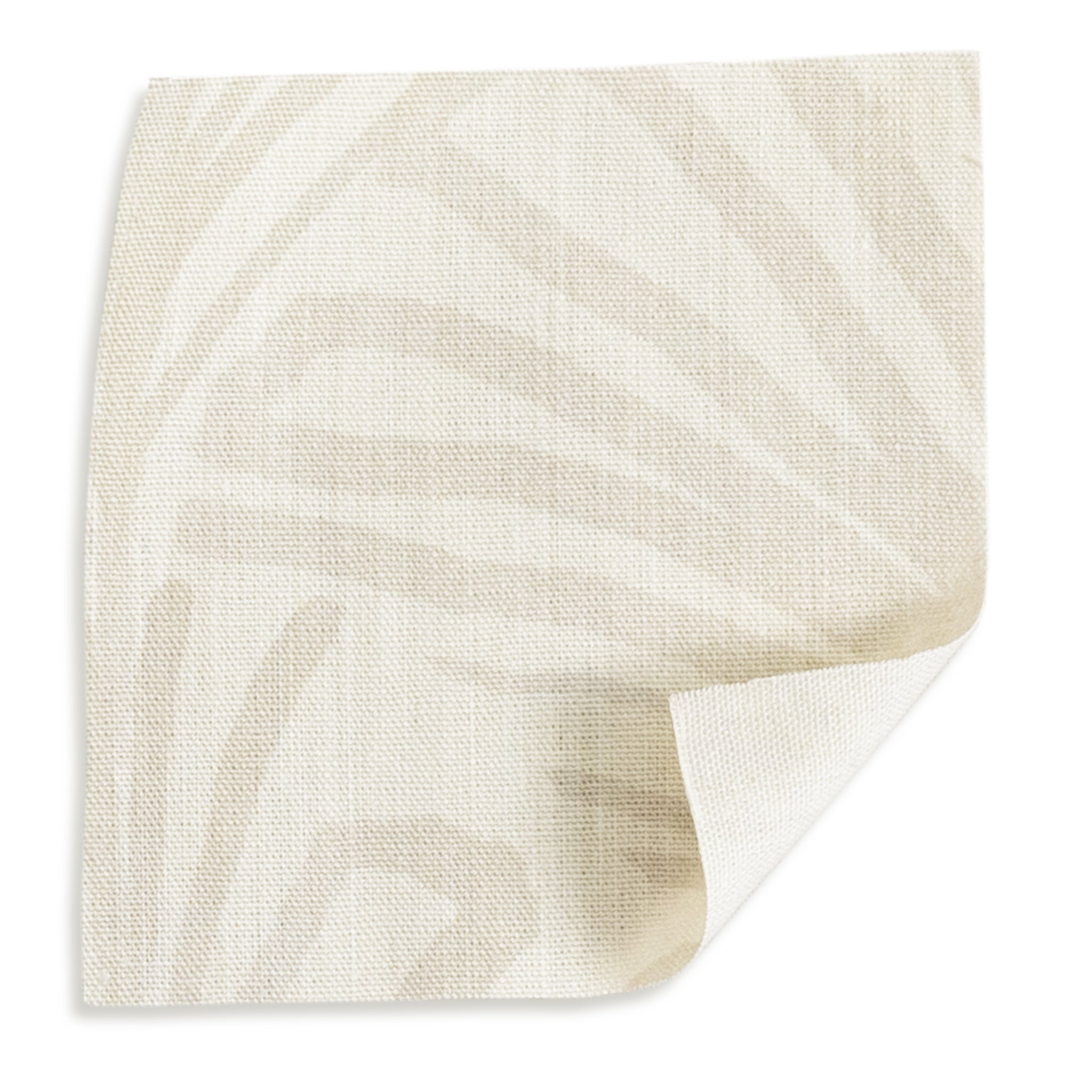 Suzy Sand fabric swatch with hand-painted palm motifs and scalloped design in a warm neutral tone.