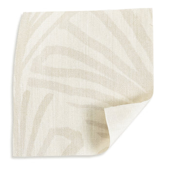 Suzy Sand fabric swatch with hand-painted palm motifs and scalloped design in a warm neutral tone.
