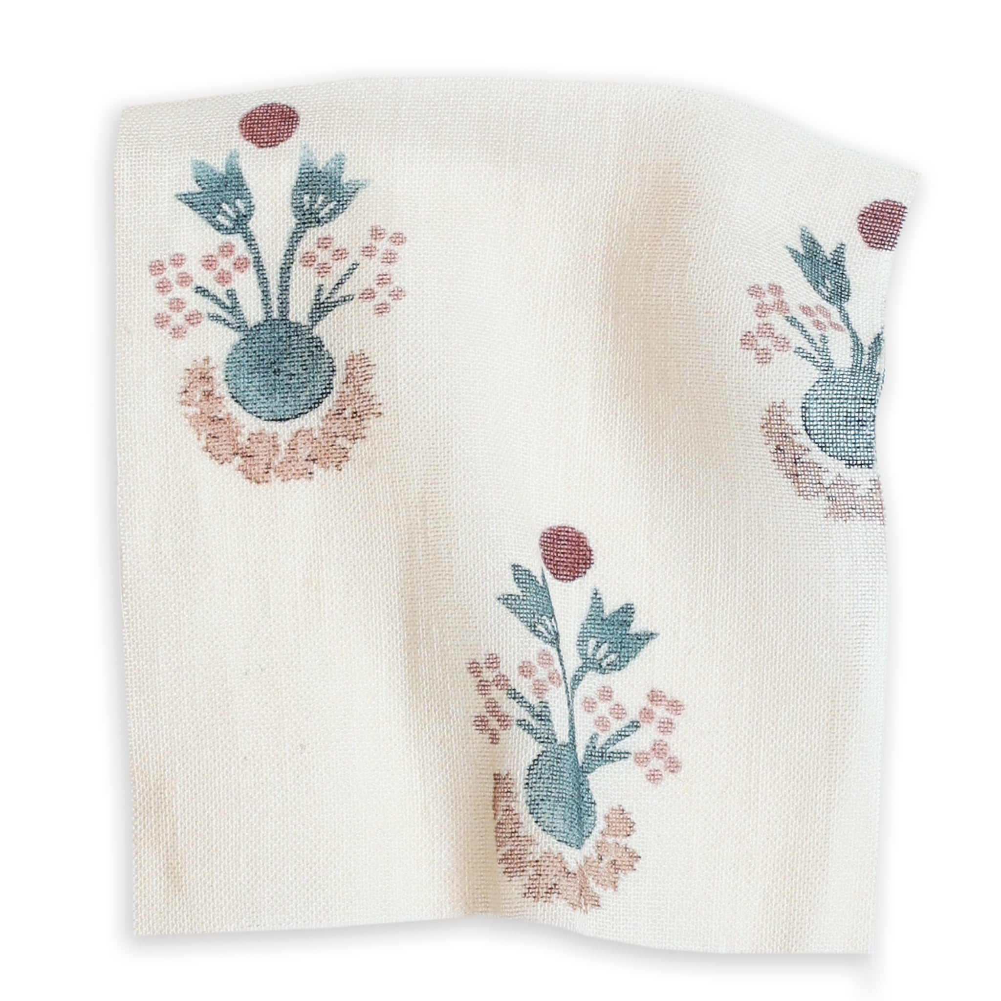 Lucie Harbor fabric with soft cream base and subtle blue and muted rose botanical motifs, made-to-order, short lead times, manufactured in the USA