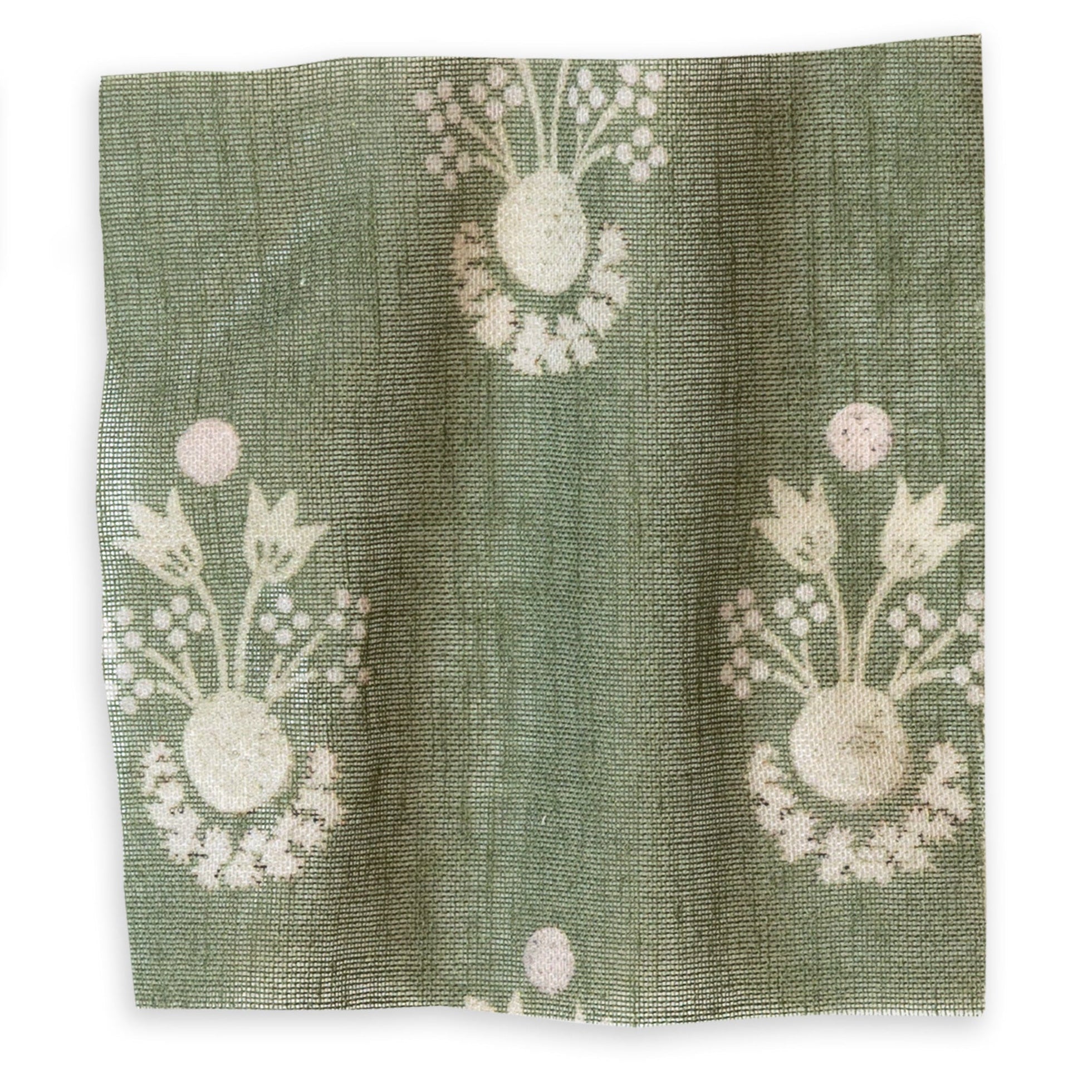 Lucie Olive fabric in muted green with white floral clusters, made-to-order, short lead times, manufactured in the USA quality