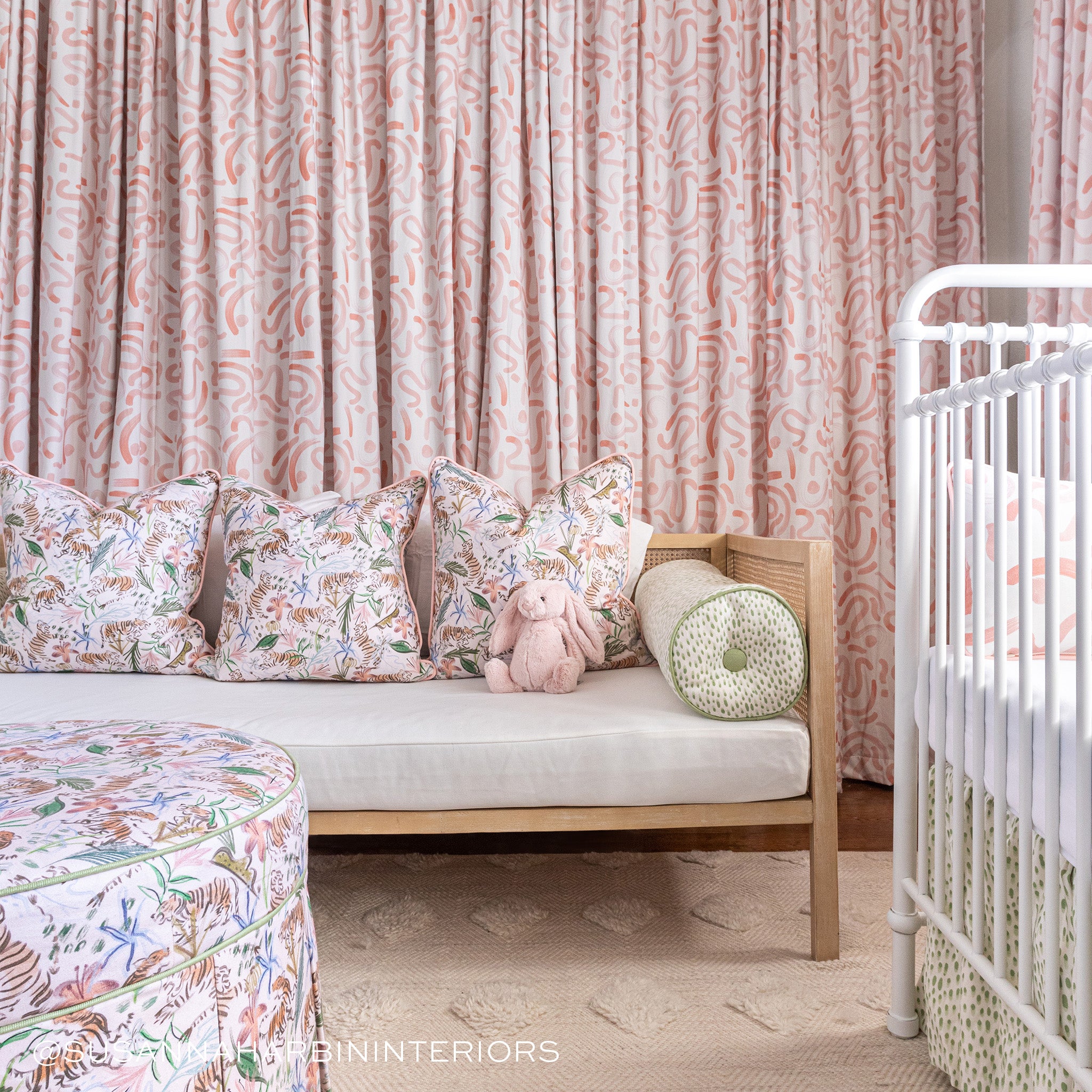 Frida Pink fabric curtains and cushions with animal and botanical themes, made-to-order in the USA with short lead times and quality craftsmanship