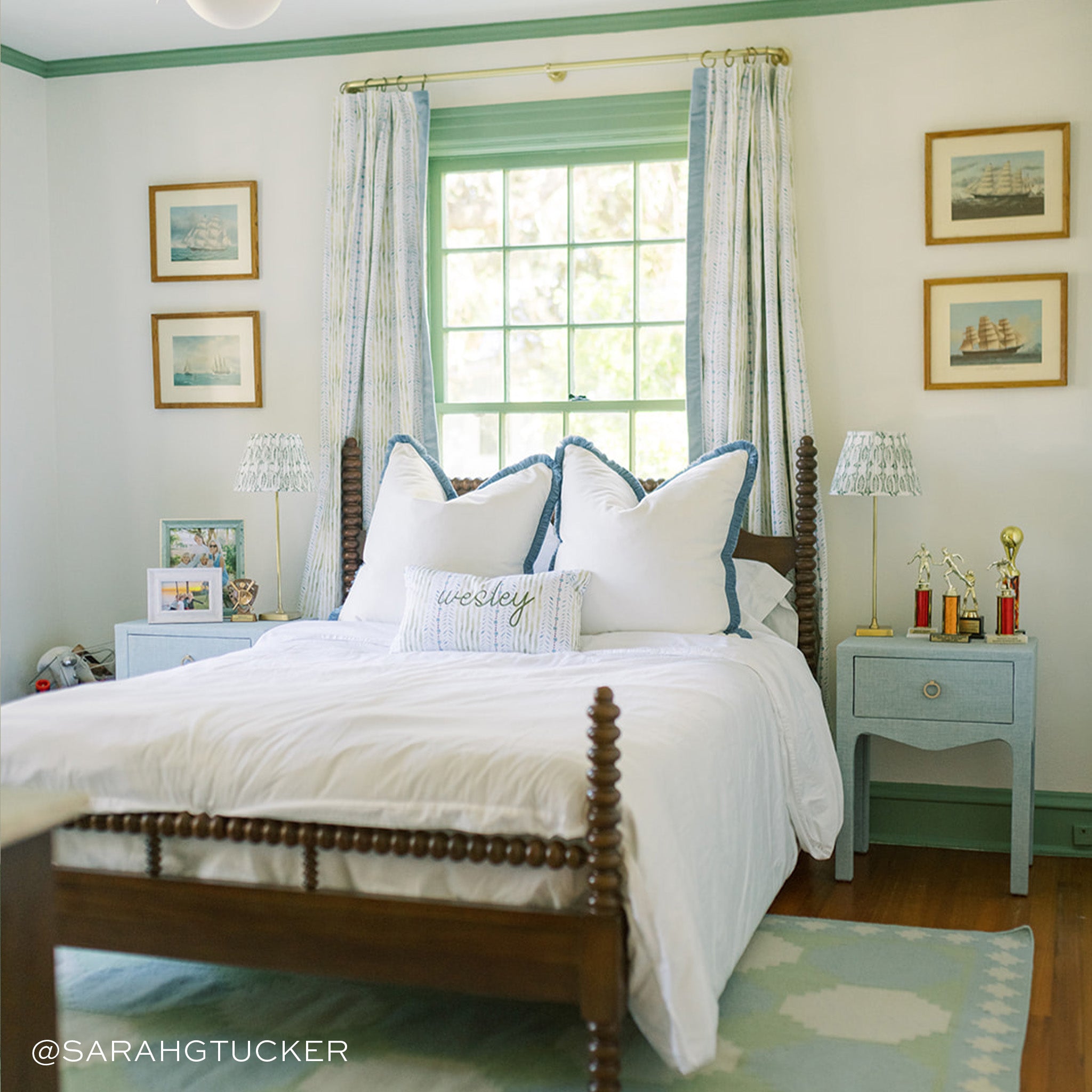 Julia custom curtains with soft blue stripes and subtle floral details, made-to-order in the USA with quick turnaround