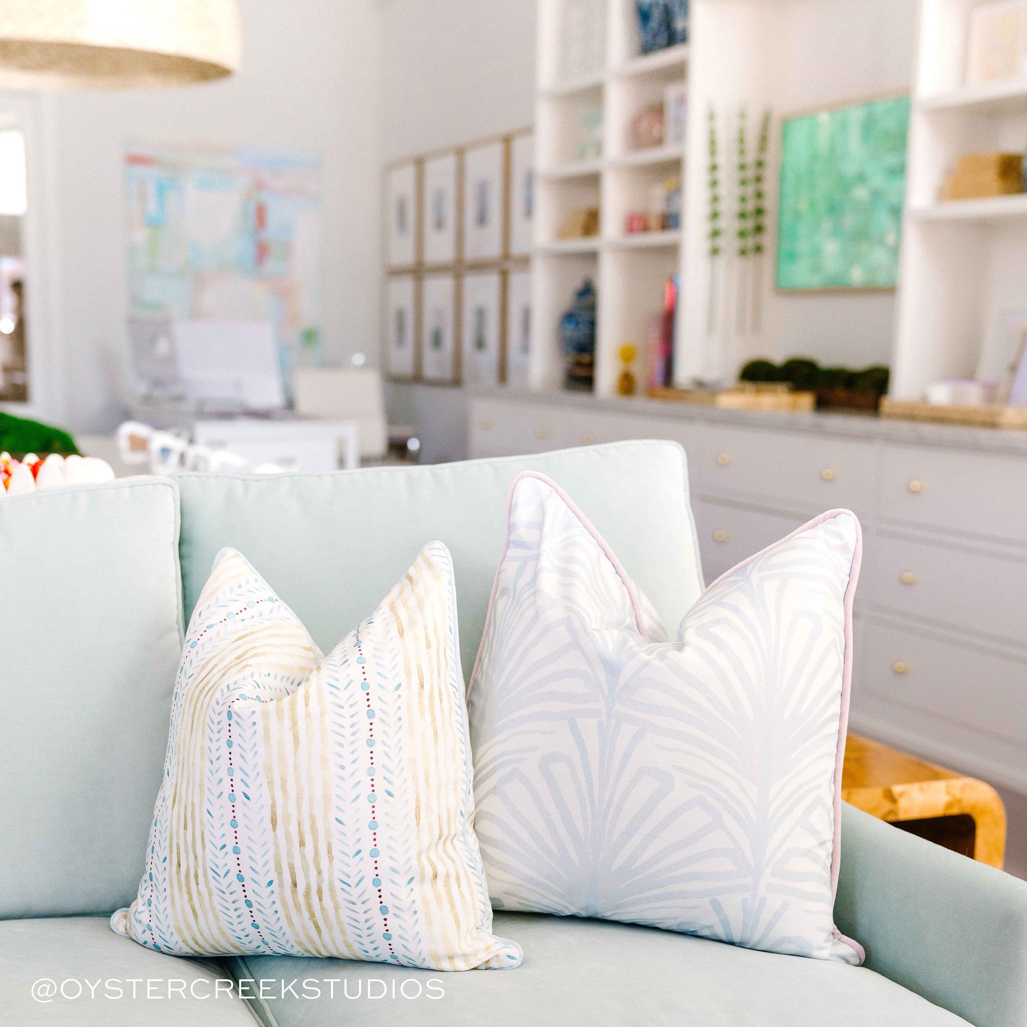 Julia fabric pillows with soft neutral stripes and subtle leaf patterns, made-to-order in the USA with quick turnaround