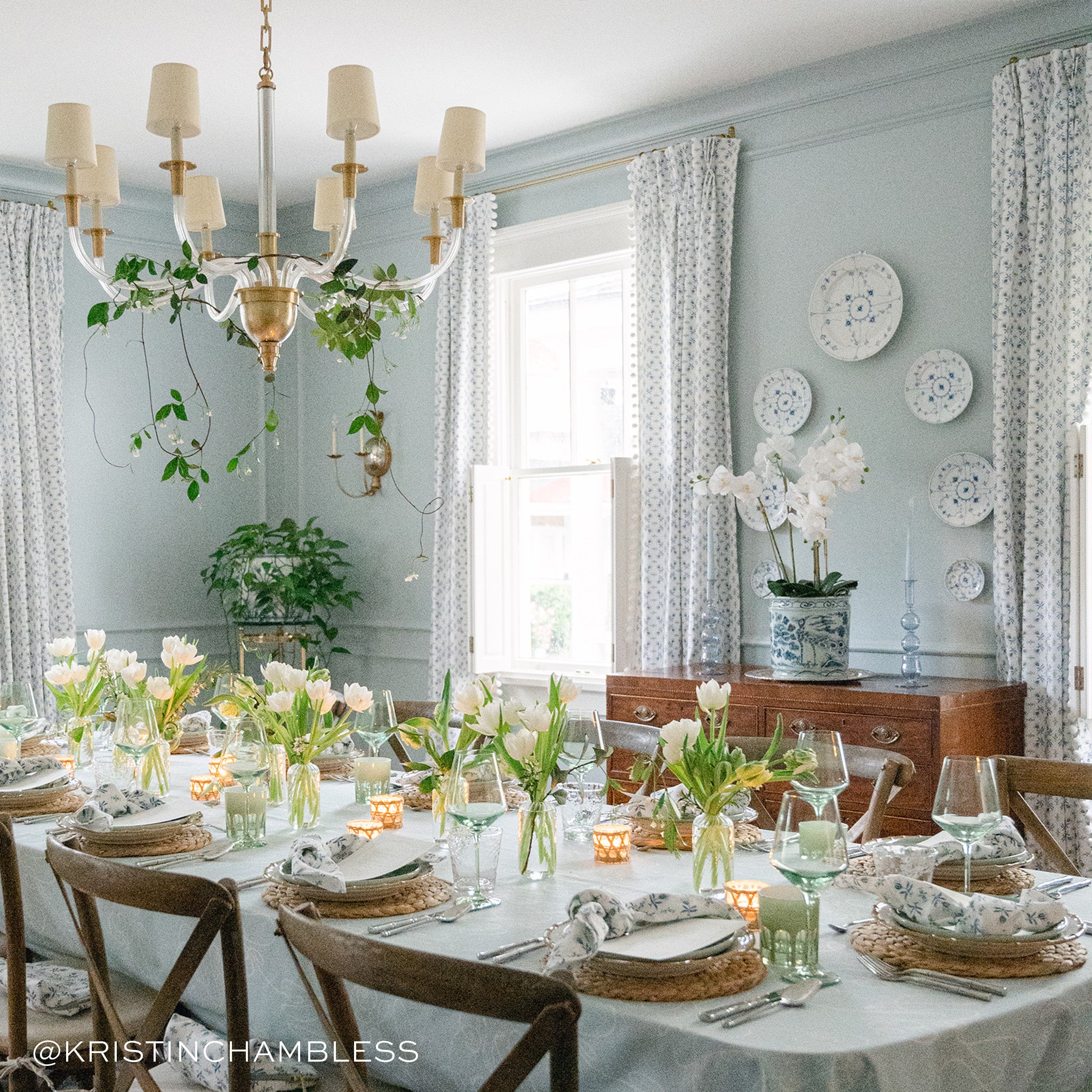 Lee fabric custom curtains with delicate floral pattern in soft blue, made-to-order in the USA with short lead times