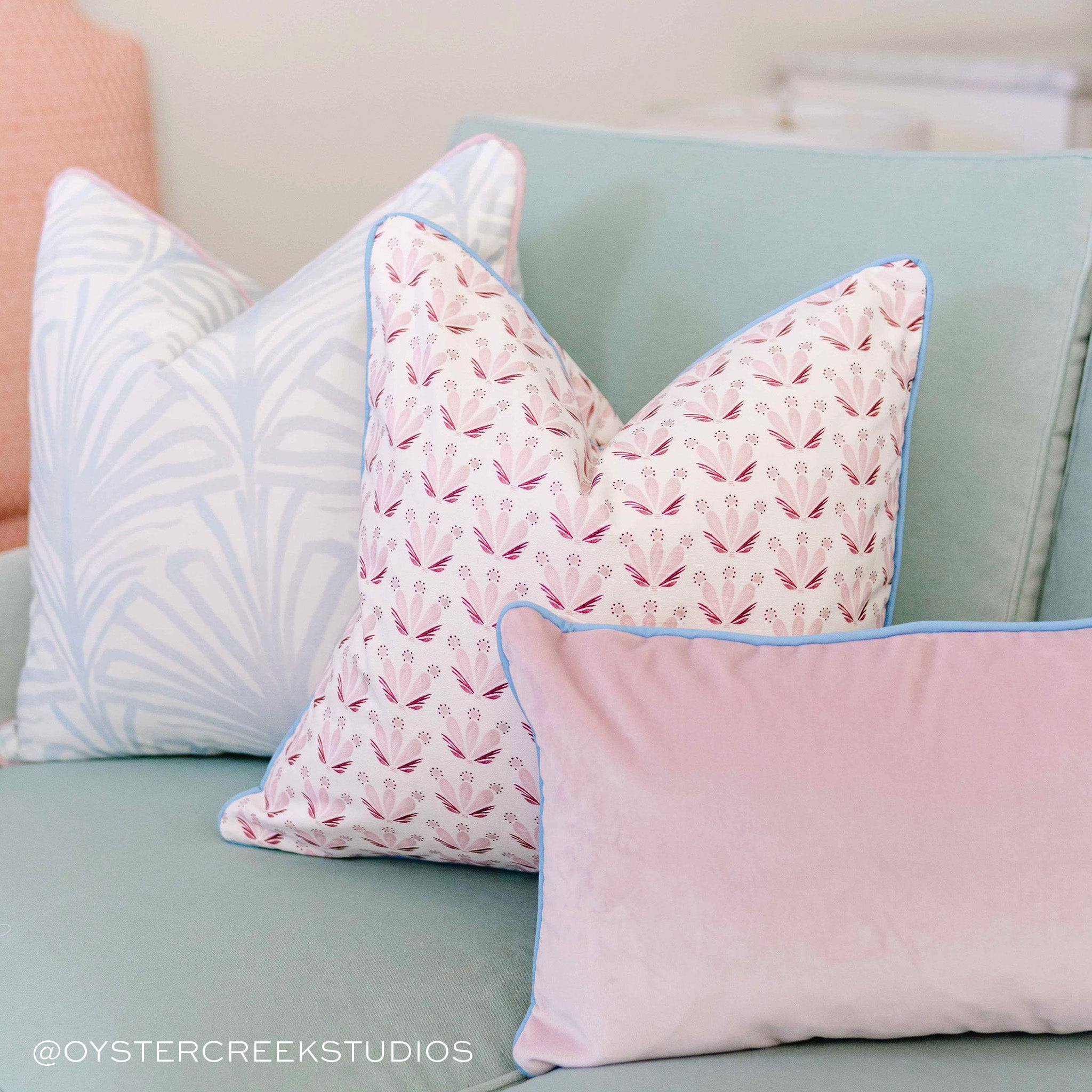 Lilac made-to-order pillows in soft pastel patterns and velvet, crafted in the USA with quick turnaround and quality design