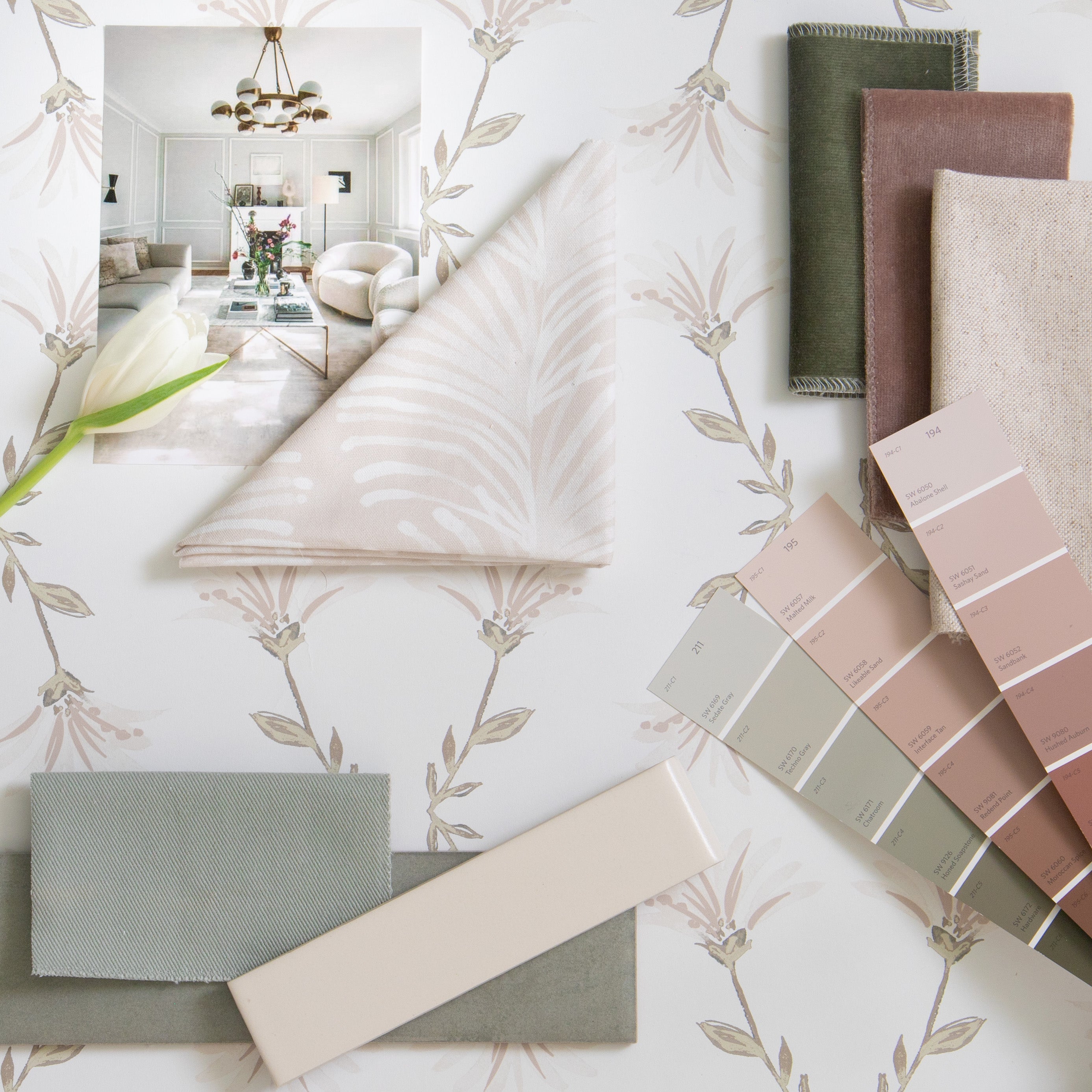 Fern made-to-order fabric samples in soft neutral shades with floral patterns, manufactured in the USA with quick lead times and quality.