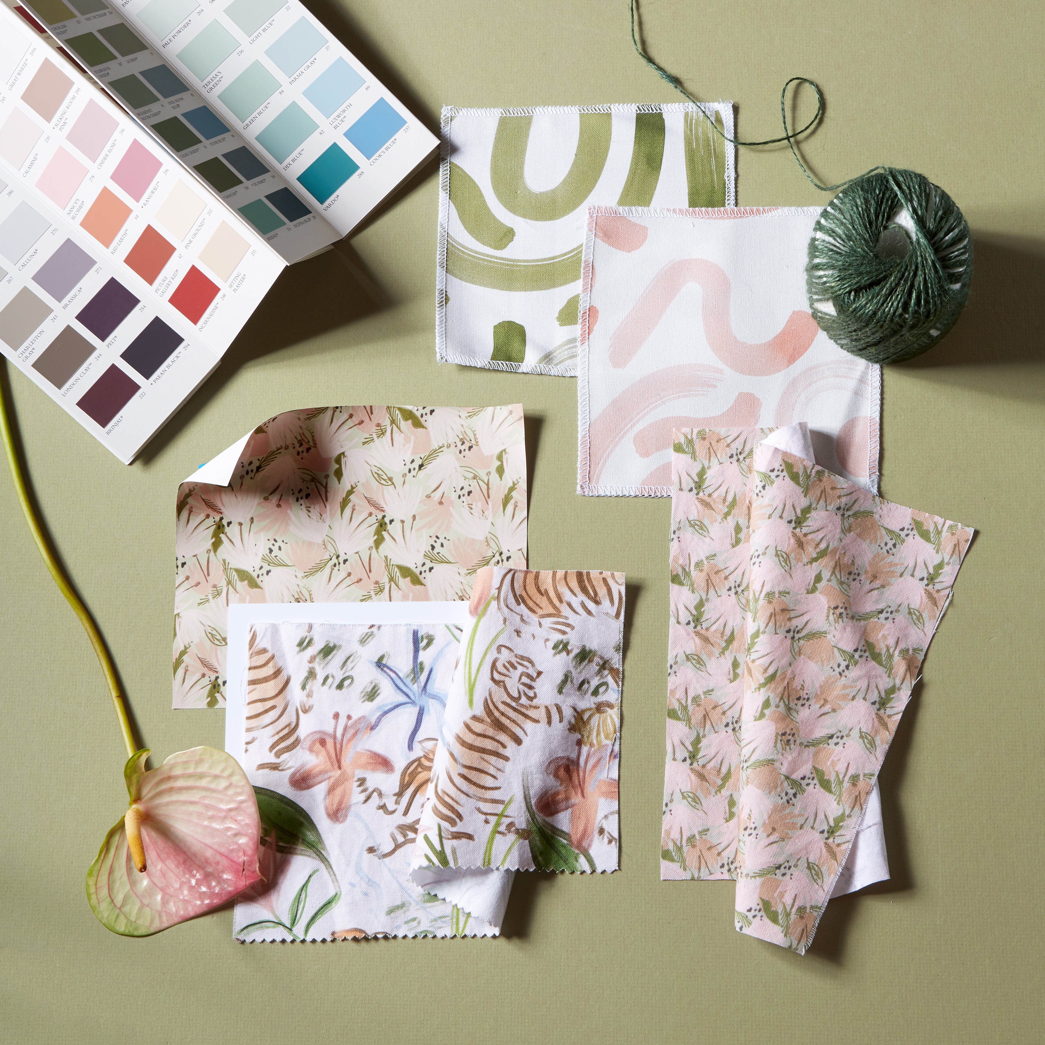 Hockney Moss fabric swatches with green and pink abstract and botanical designs, made-to-order in the USA with short lead times
