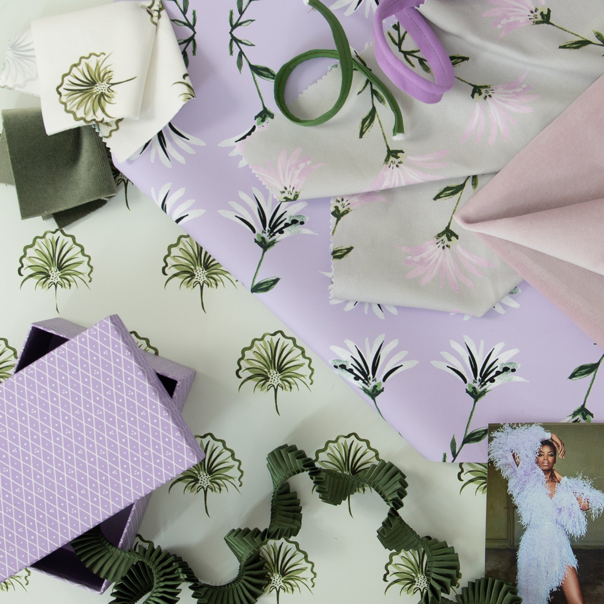 Penelope Moss fabric with delicate floral patterns in soft purple and green tones, made-to-order in the USA with short lead times