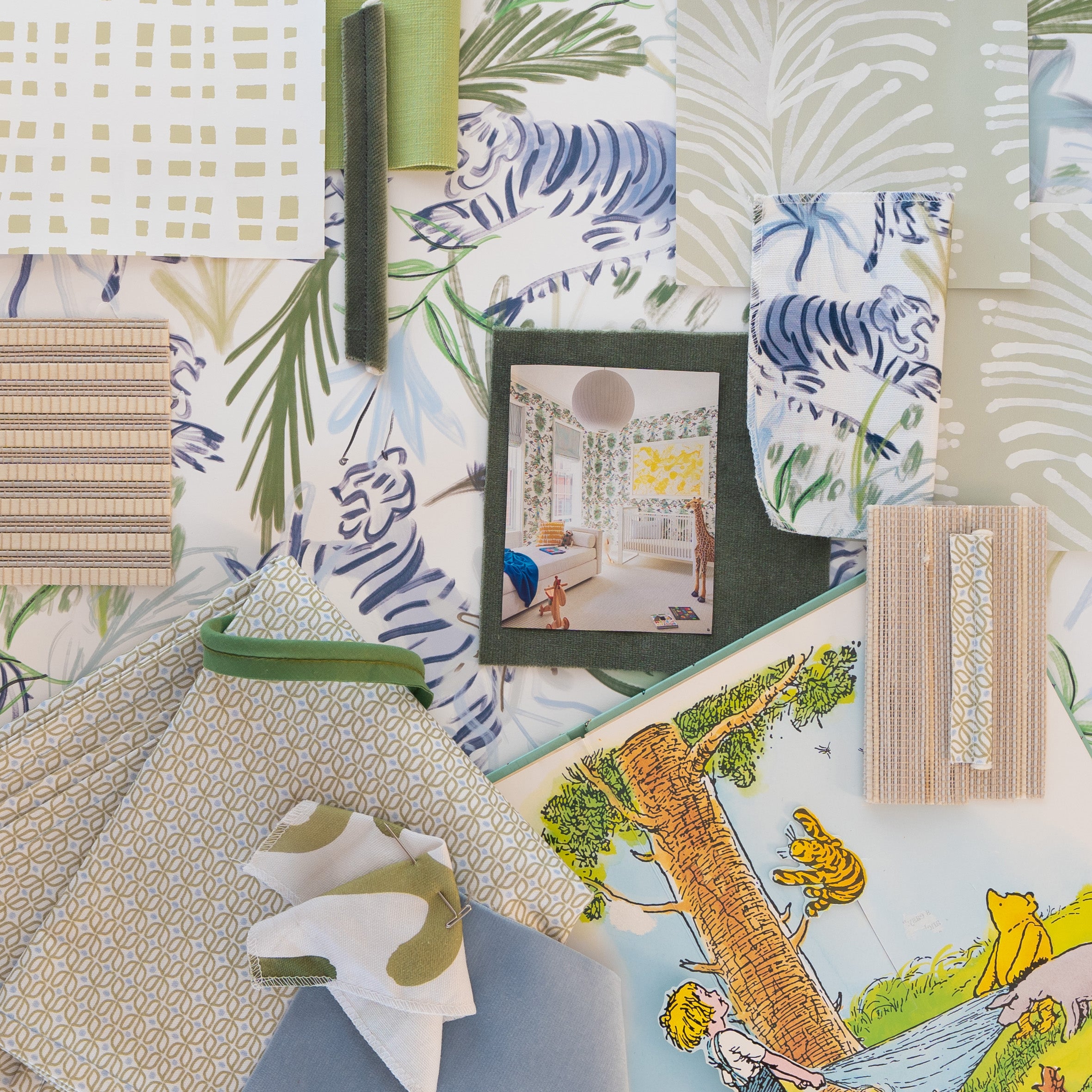 Emma Sand fabric with green botanical and animal motifs in nursery moodboard, made-to-order with short lead times in the USA