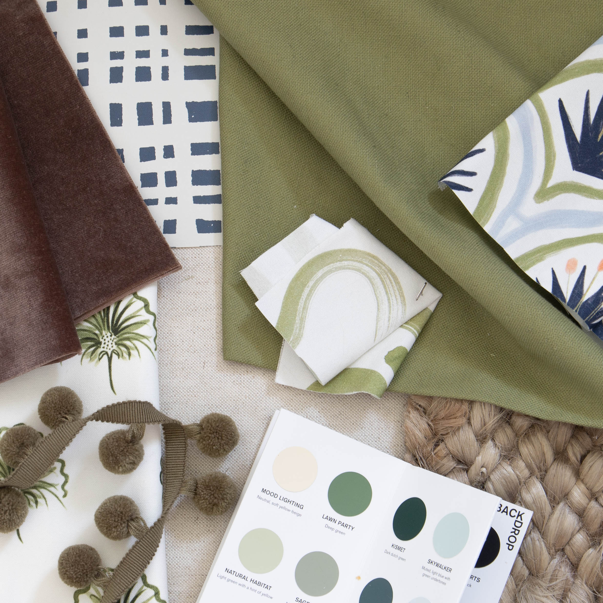 Moss fabric swatch in earthy green tweed, perfect for custom curtains and made-to-order Pepper Home designs.
