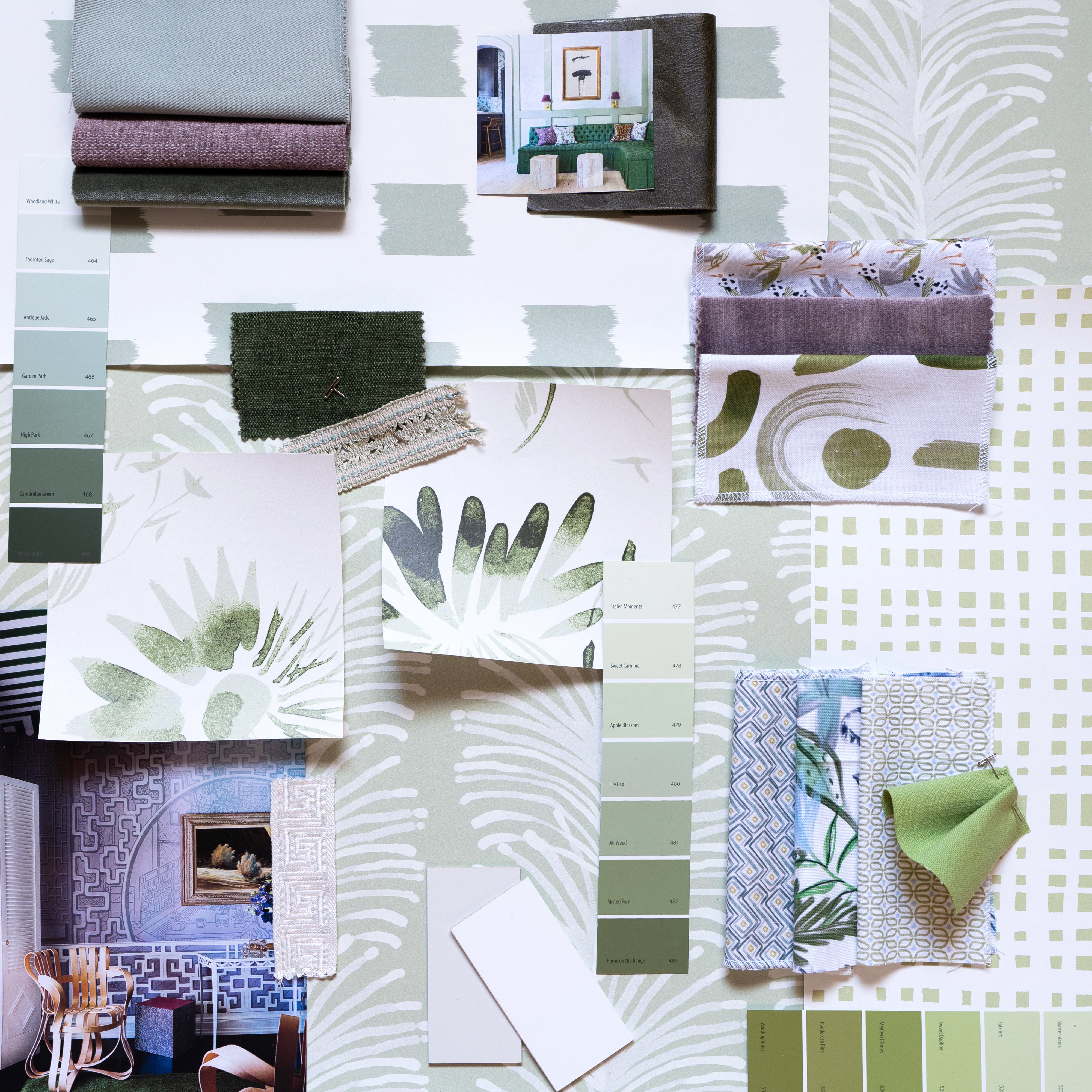 Sage made-to-order fabric and design samples in light green tones, manufactured in the USA with quick turnaround and quality craftsmanship