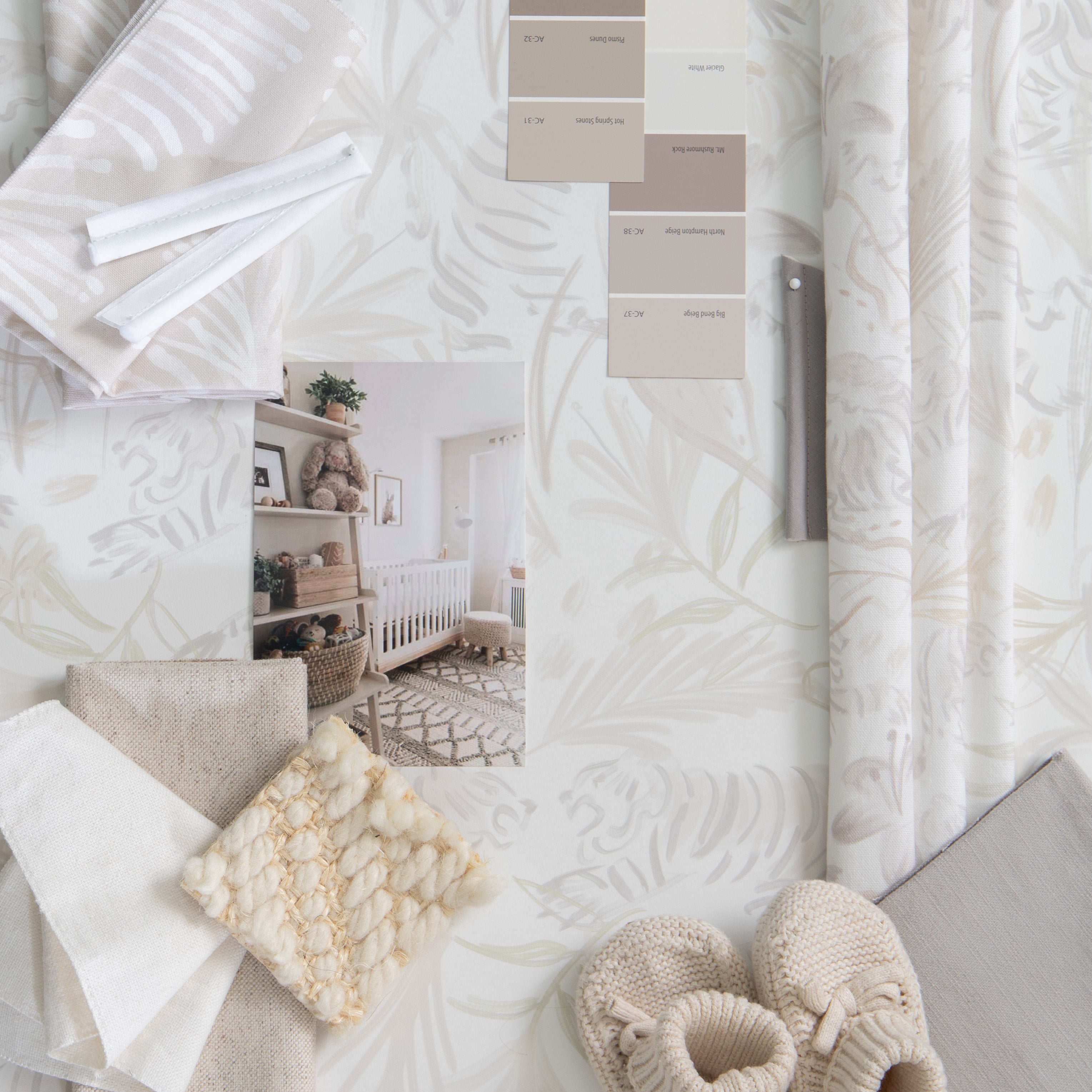 Oat made-to-order fabric with soft neutral botanicals, manufactured in the USA with fast lead times and quality craftsmanship