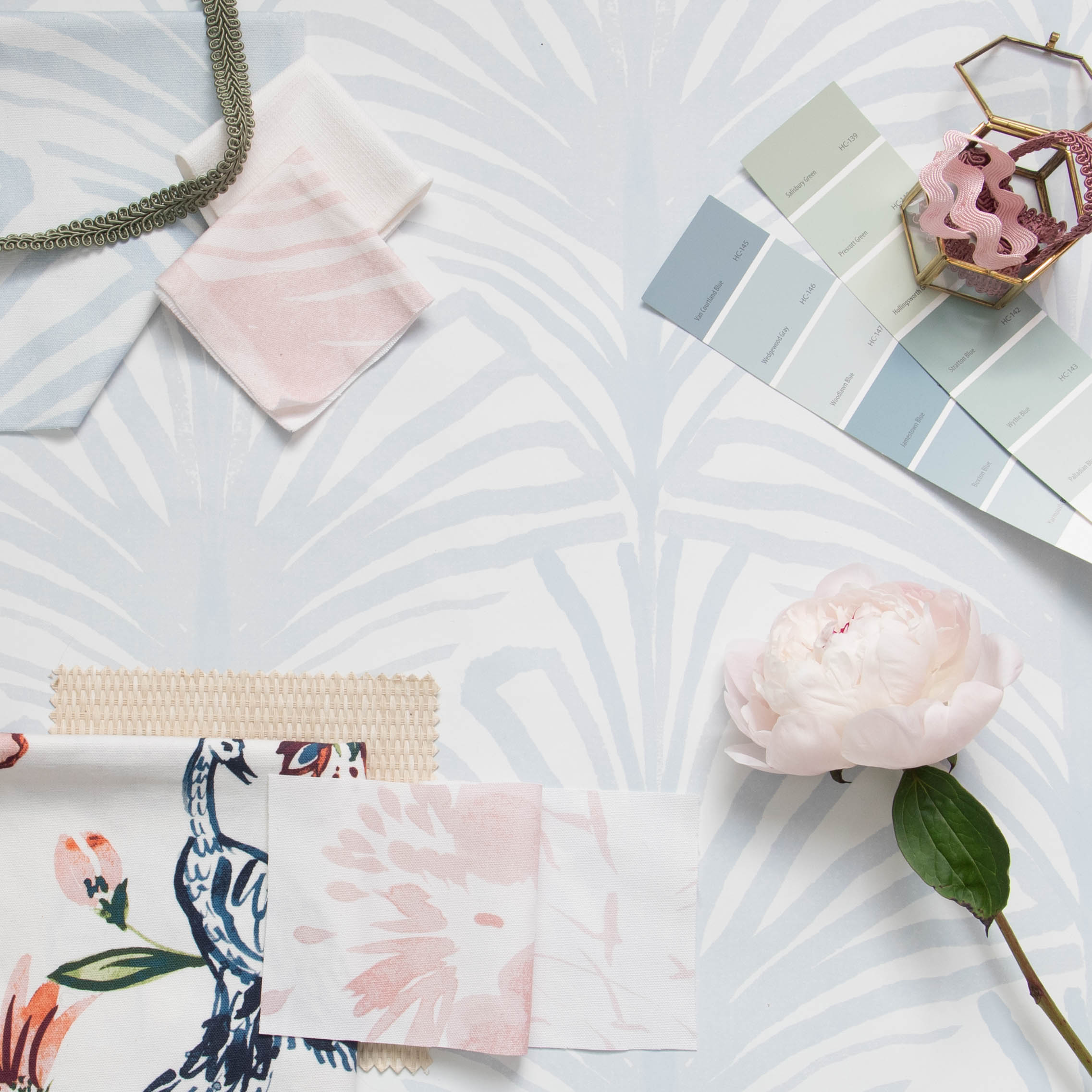 Suzy Rose made-to-order fabric swatches and pink floral accents, crafted in the USA with quick lead times