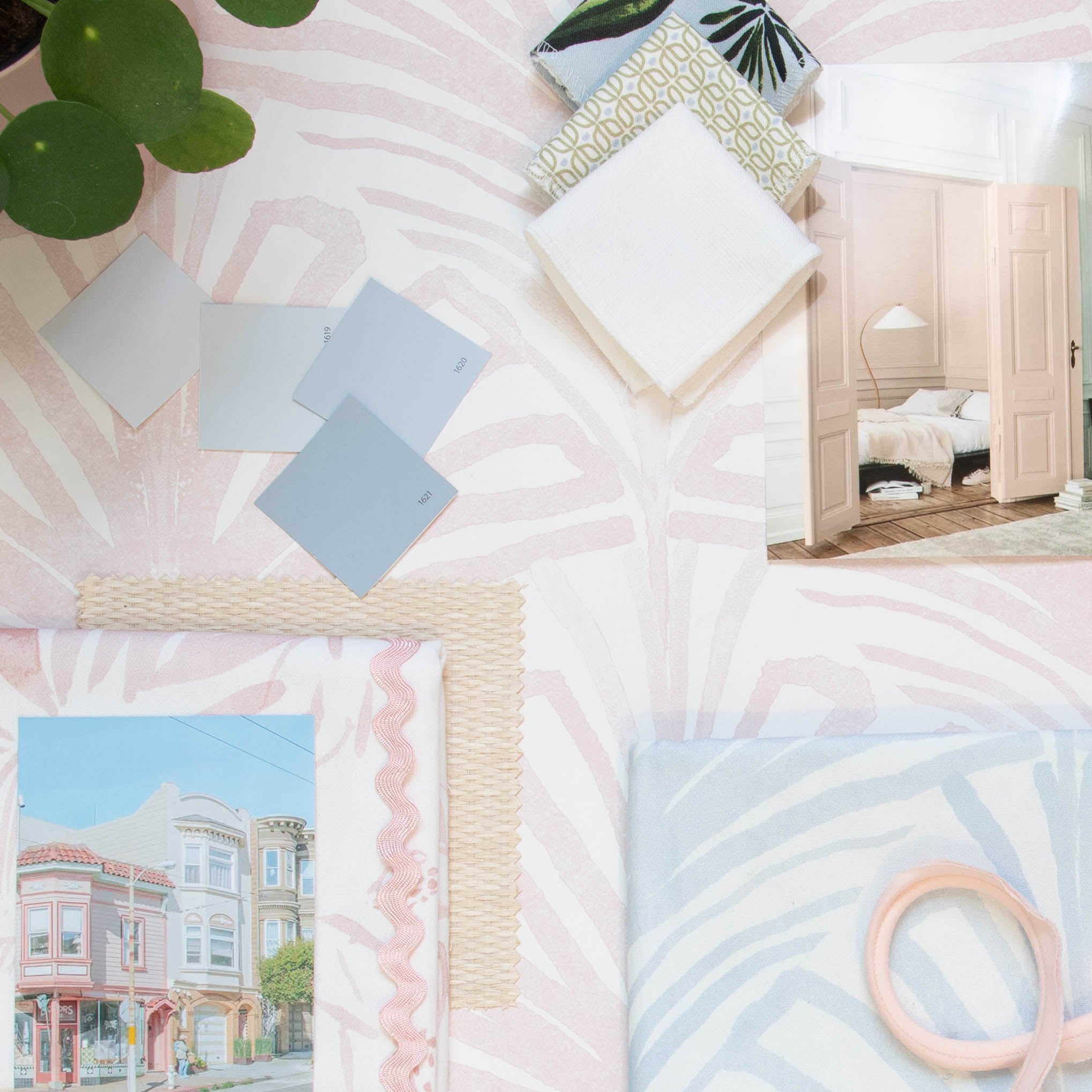 Suzy Sky made-to-order fabric swatches with pastel blue and pink tones, manufactured in the USA with quick turnaround