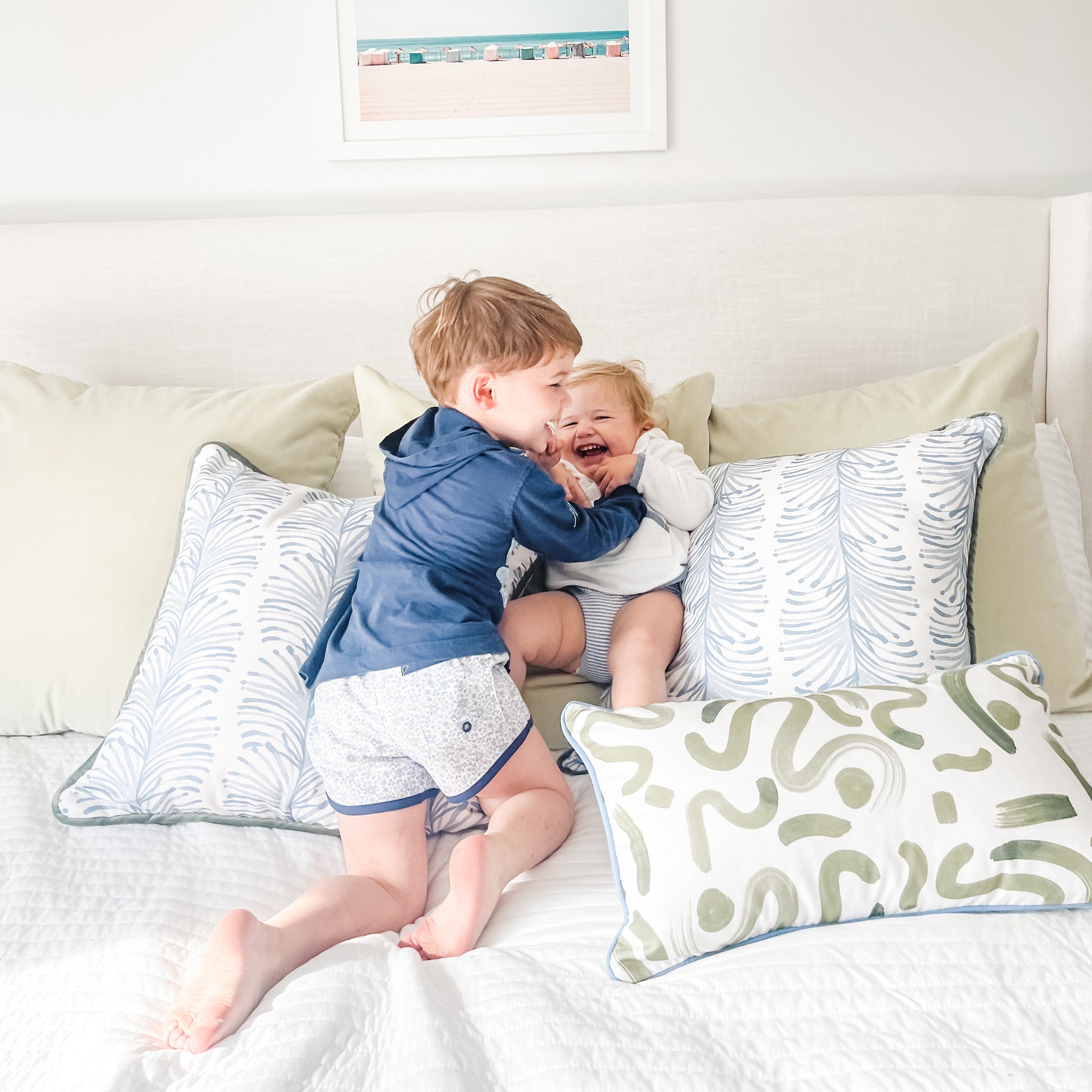 Pear made-to-order cushions with abstract and botanical prints in soft tones, manufactured in the USA with fast lead times