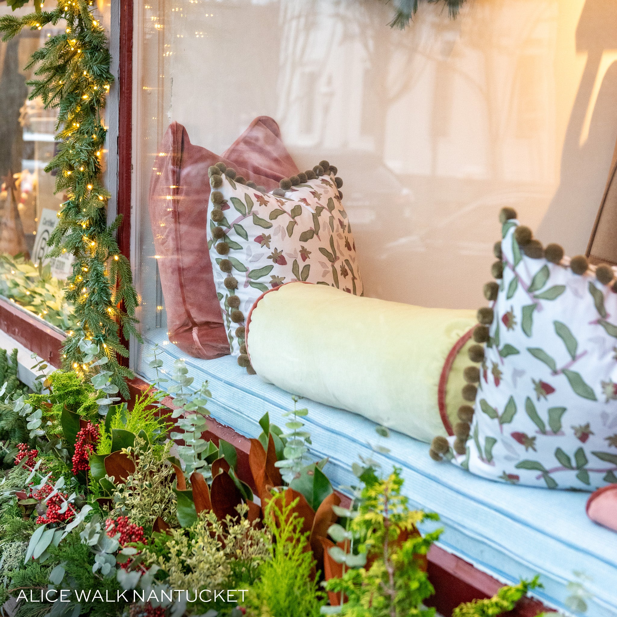Pear made-to-order velvet pillows and bolster in botanical and soft pink hues, manufactured in the USA with short lead times