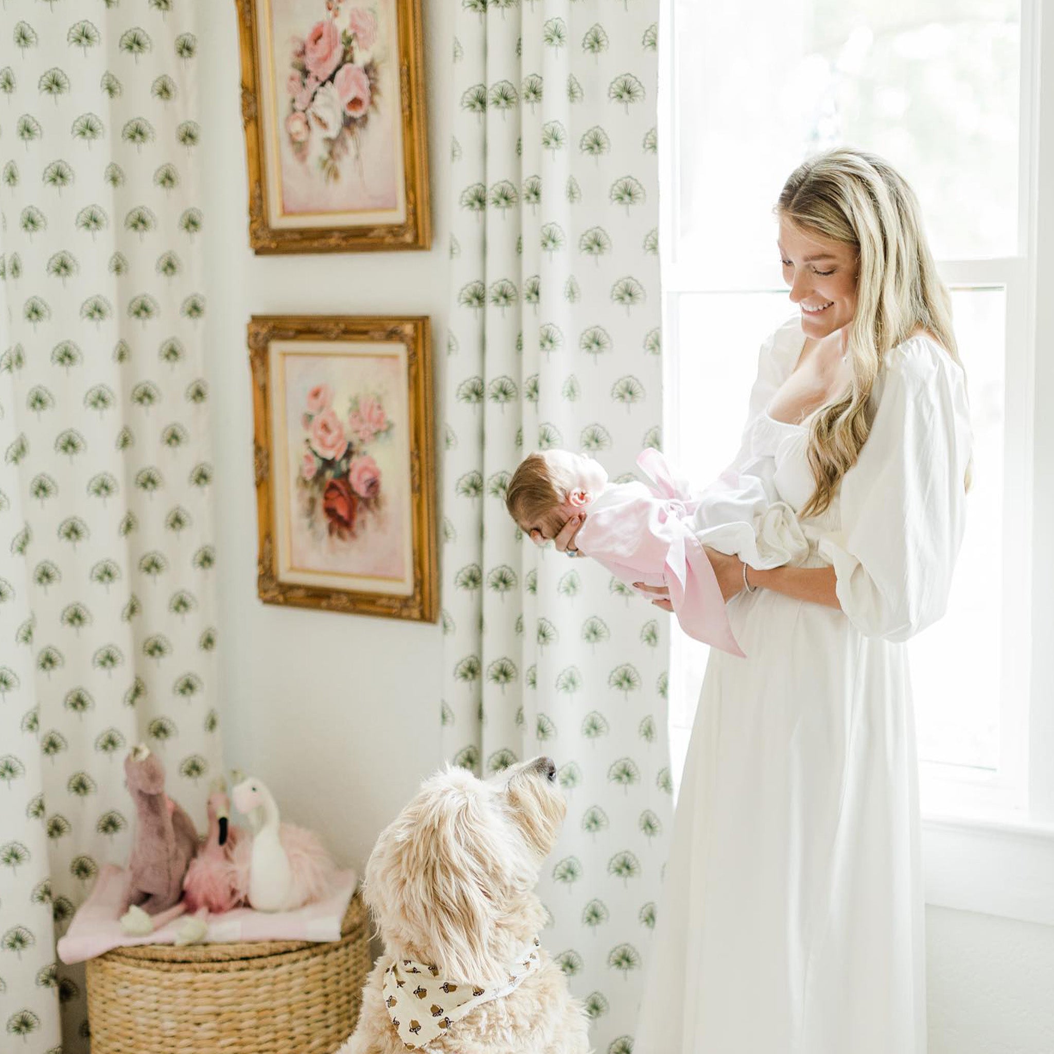 Penelope Moss custom curtains with green botanical print, made-to-order in the USA with short lead times and quality fabric