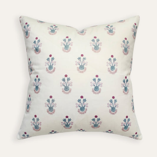 Lucie Harbor pillow with delicate blue and pink floral print on cream cotton, made-to-order, short lead times, USA quality craftsmanship
