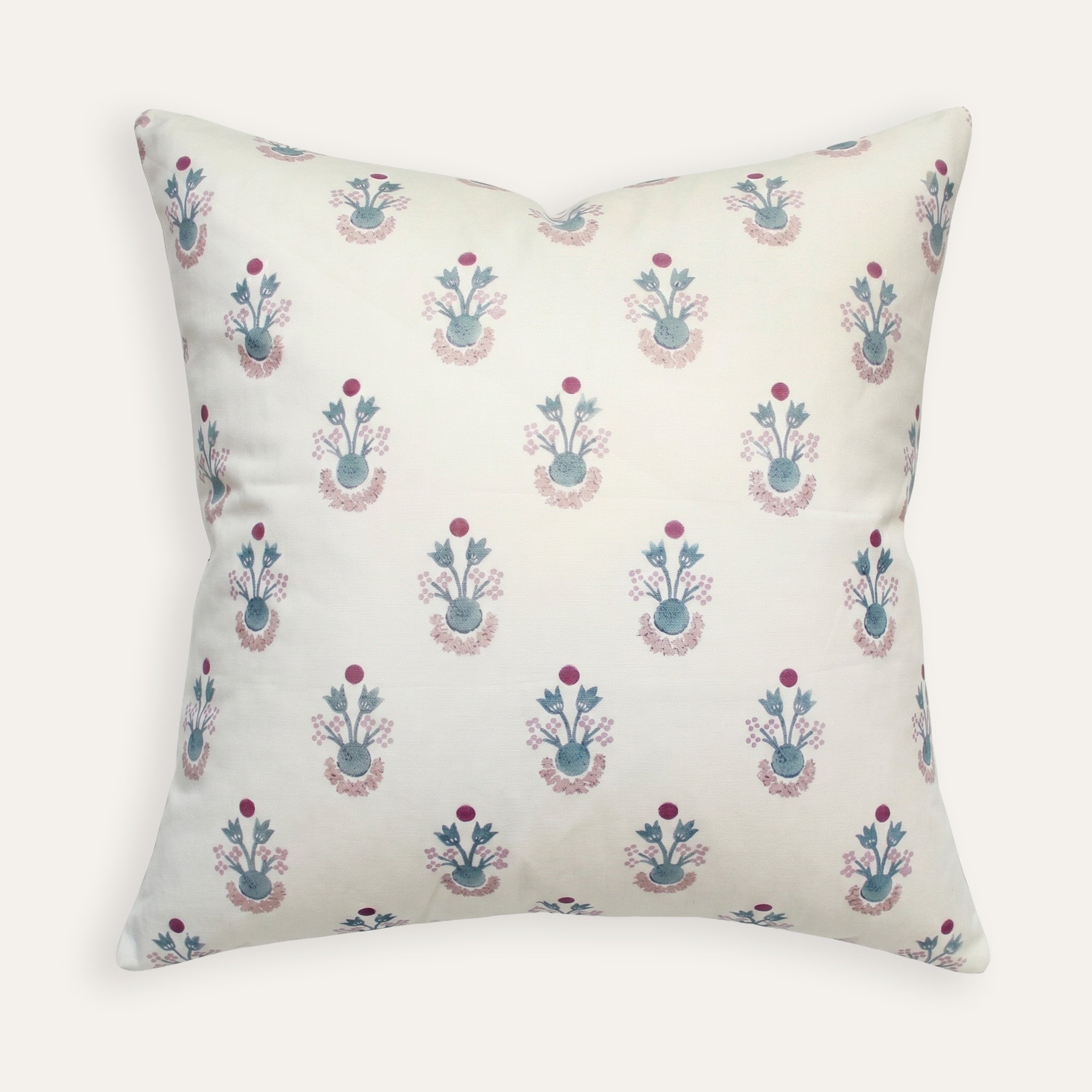 Lucie Harbor pillow with delicate blue and pink floral print on cream cotton, made-to-order, short lead times, USA quality craftsmanship
