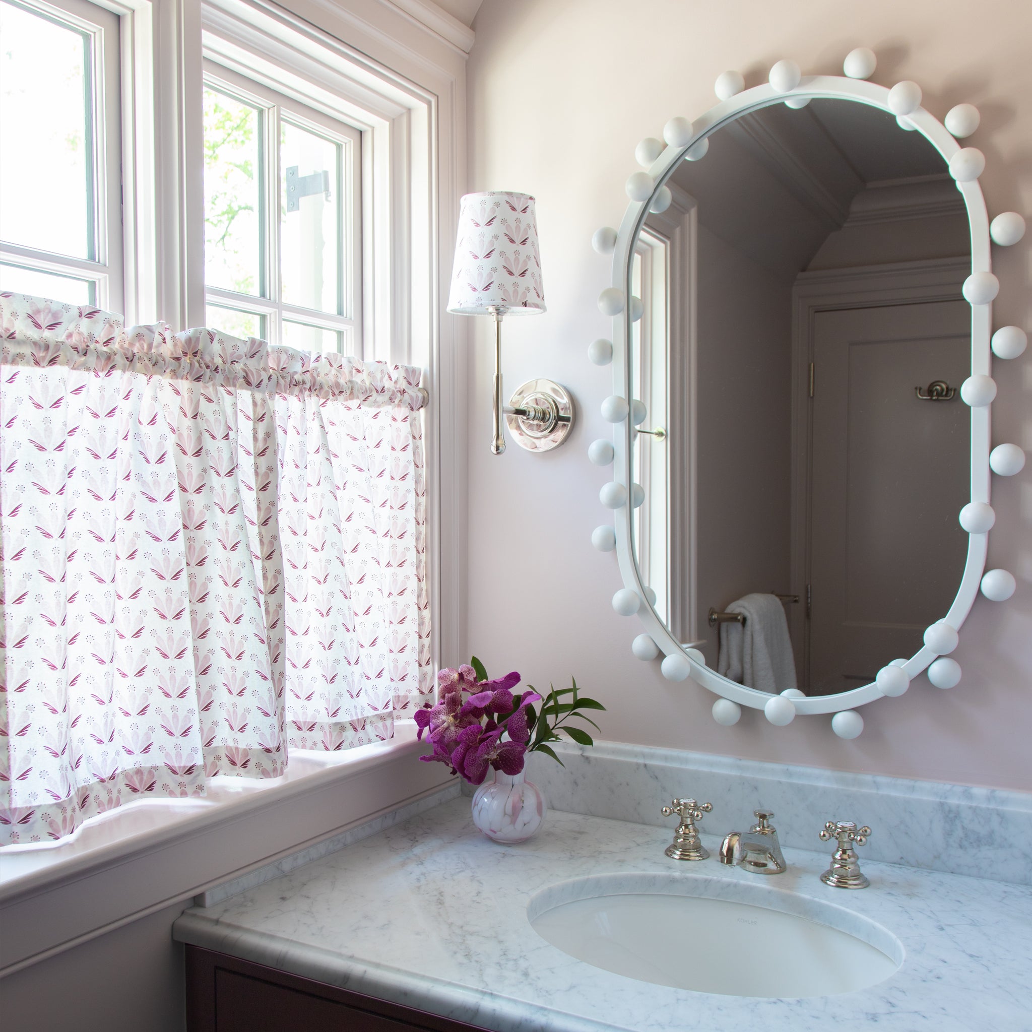 Serena Pink made-to-order bathroom curtains with delicate pink leaf pattern, designed in the USA with short lead times and quality fabric