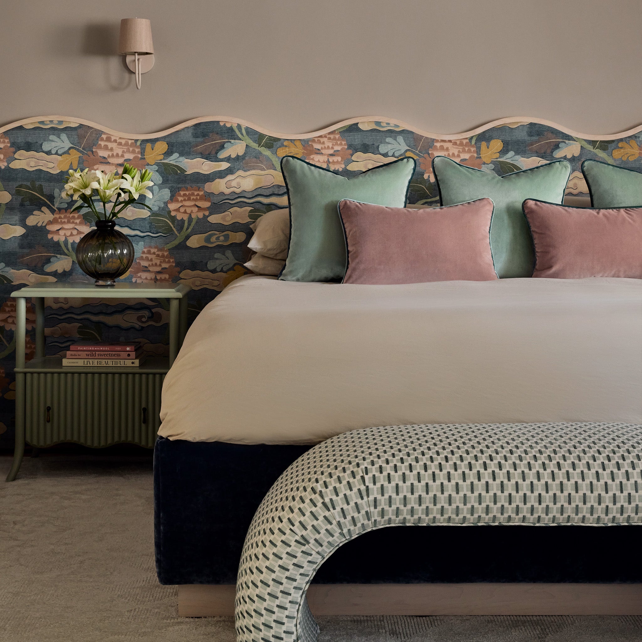 Sea Salt made-to-order bedding and upholstered headboard with muted floral print, manufactured in the USA with short lead times