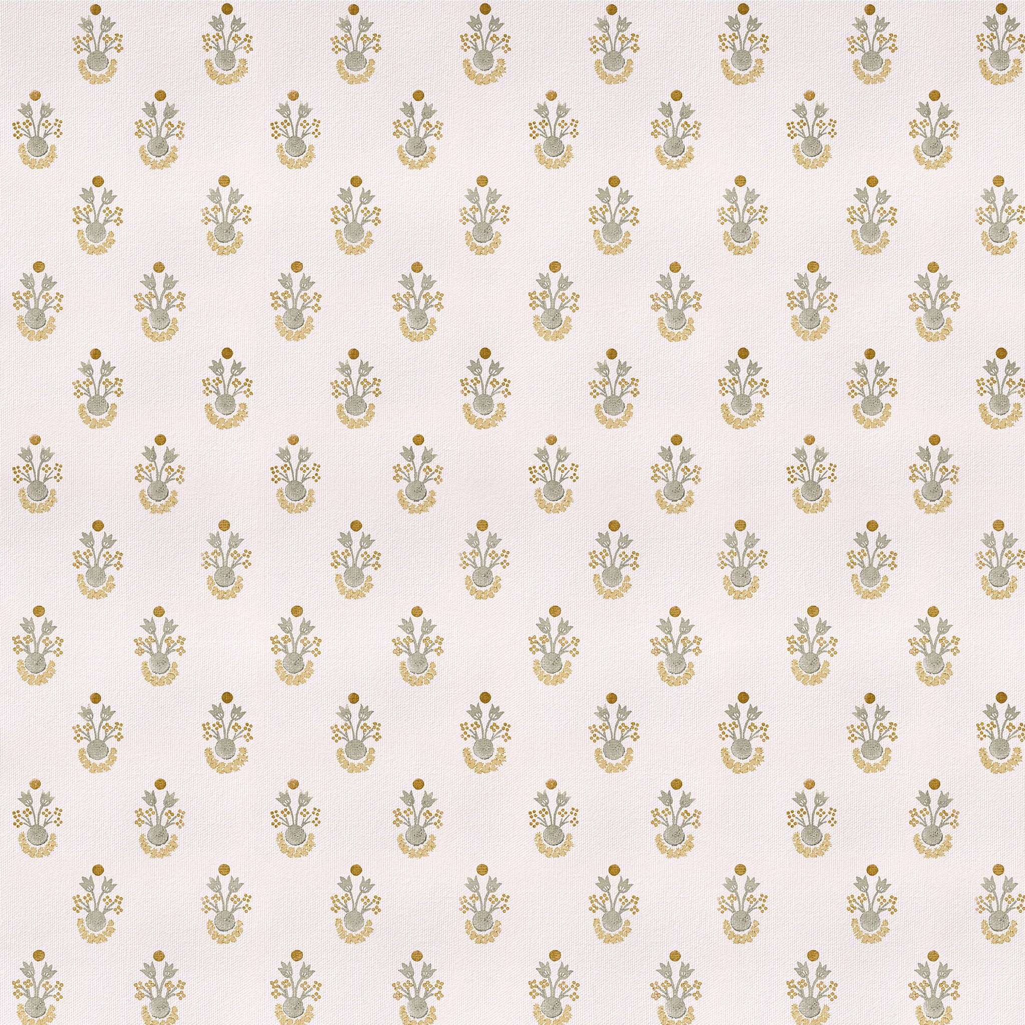 Lucie Chamomile fabric with repeating chamomile motifs on soft cream background, made-to-order, short lead times, USA quality craftsmanship