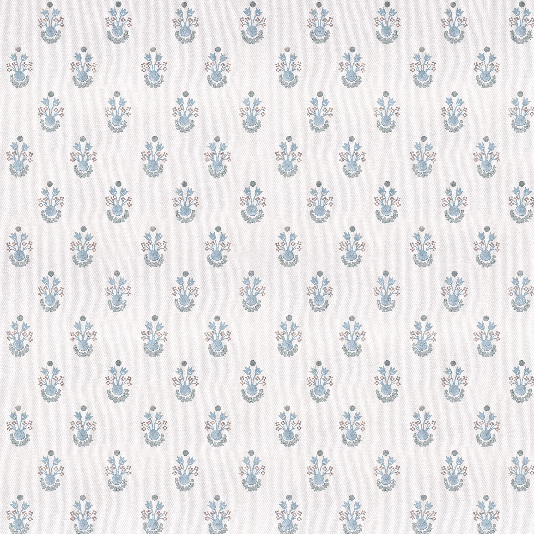 Lucie Cornflower fabric with delicate blue floral prints on crisp white, made-to-order, short lead times, USA quality craftsmanship