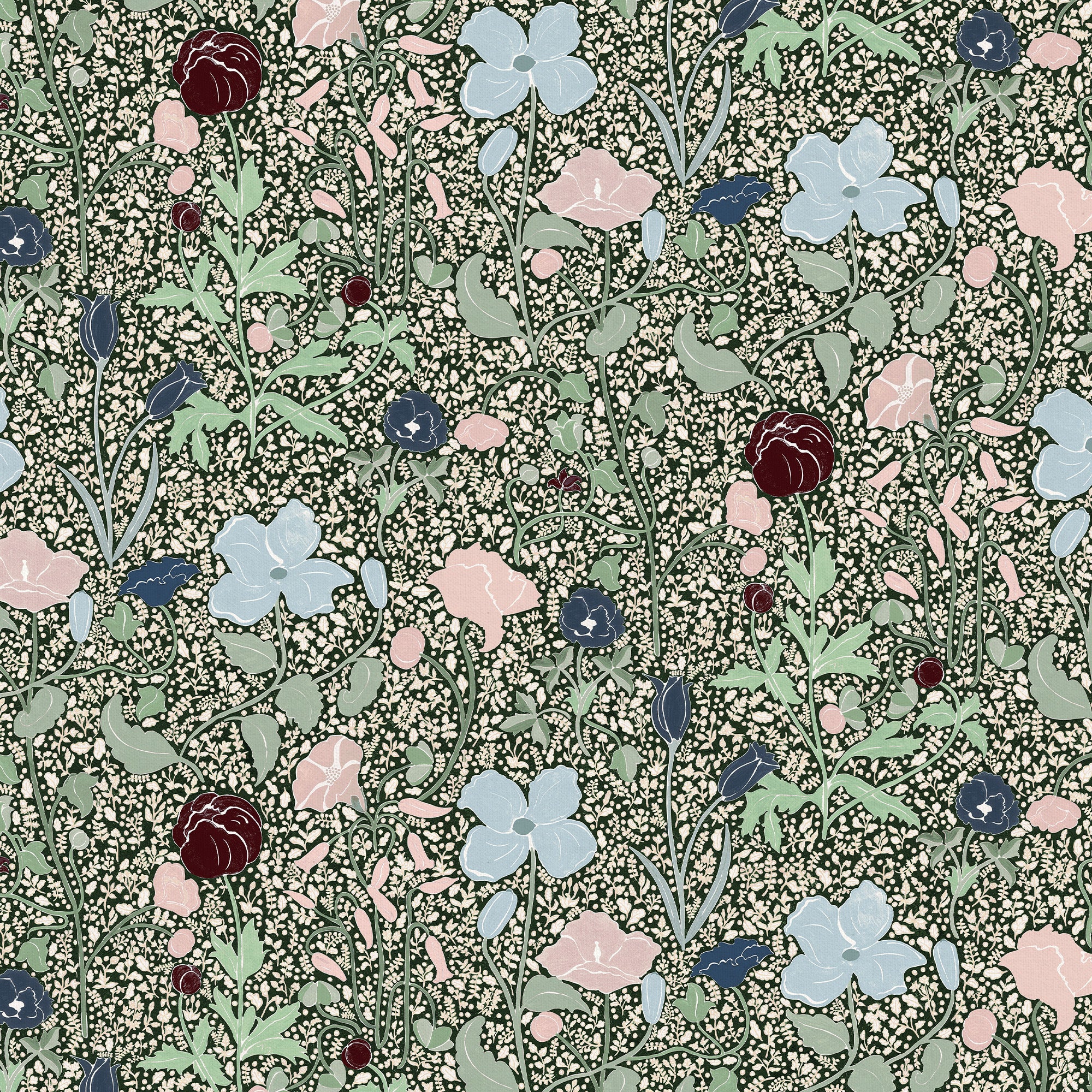 Matilda custom curtains feature hand-painted ditsy florals with oversized blooms in soft pastels and deep neutrals.