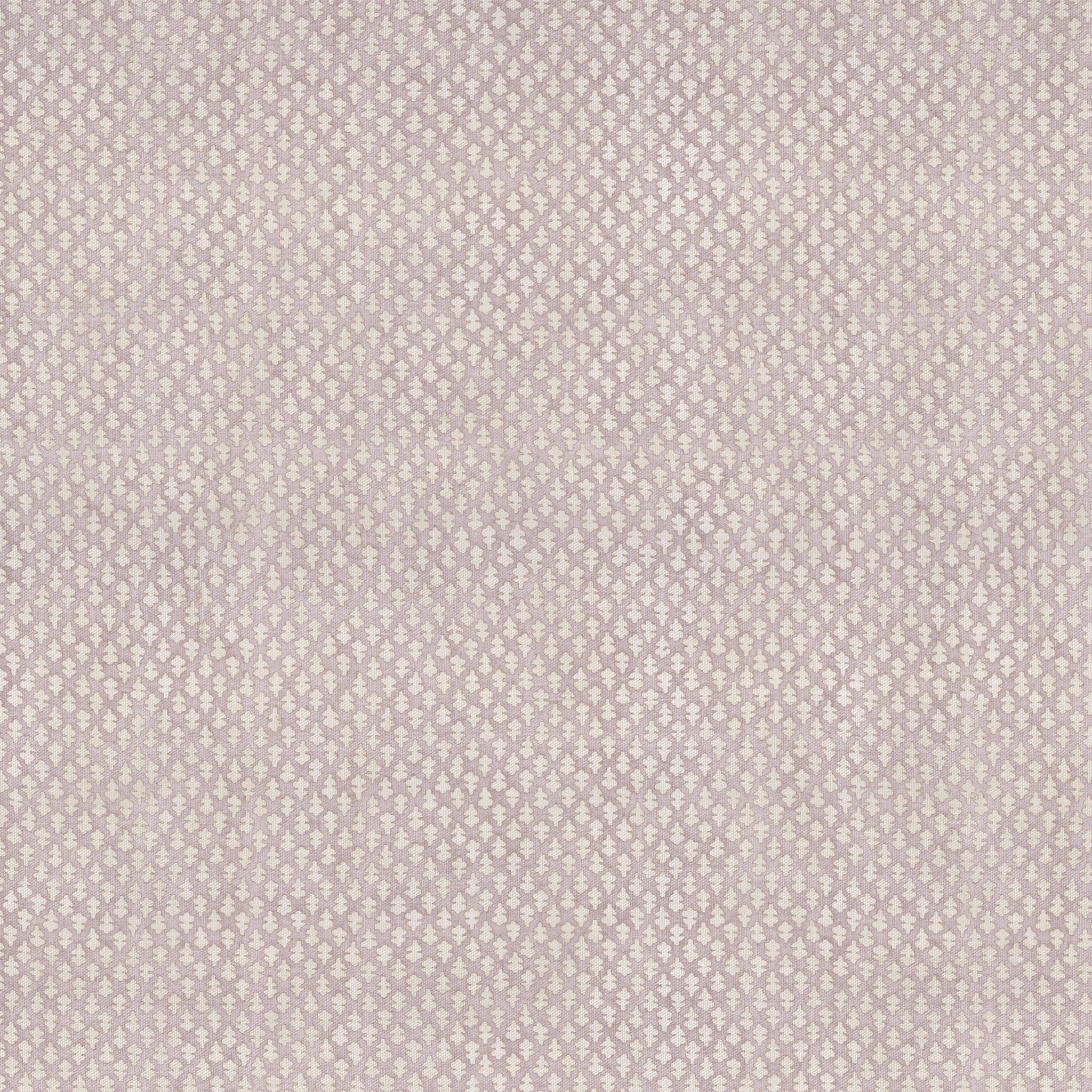 Quinn Wisteria fabric in soft lavender with a delicate white printed pattern, customizable made-to-order cotton design.