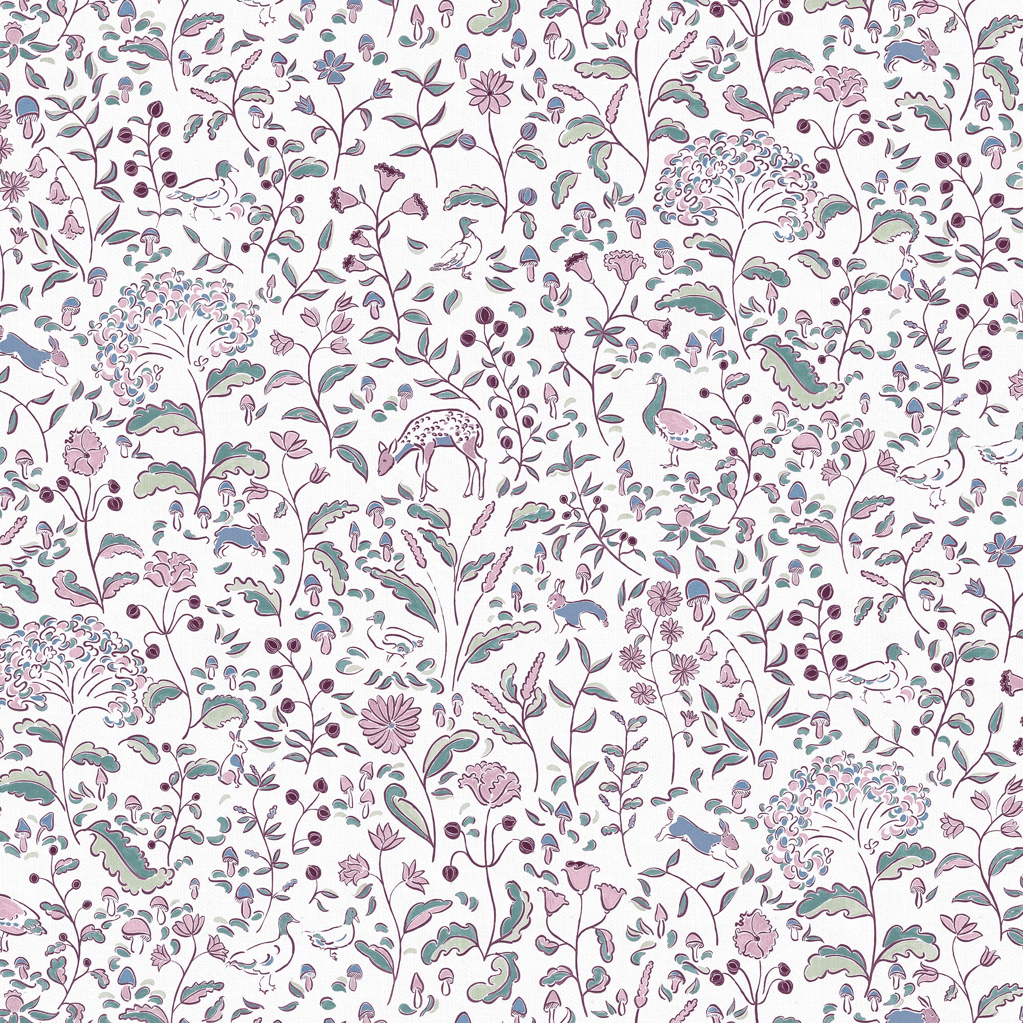Ruby Burgundy custom curtain fabric featuring whimsical woodland creatures and floral motifs for charming, elegant spaces.