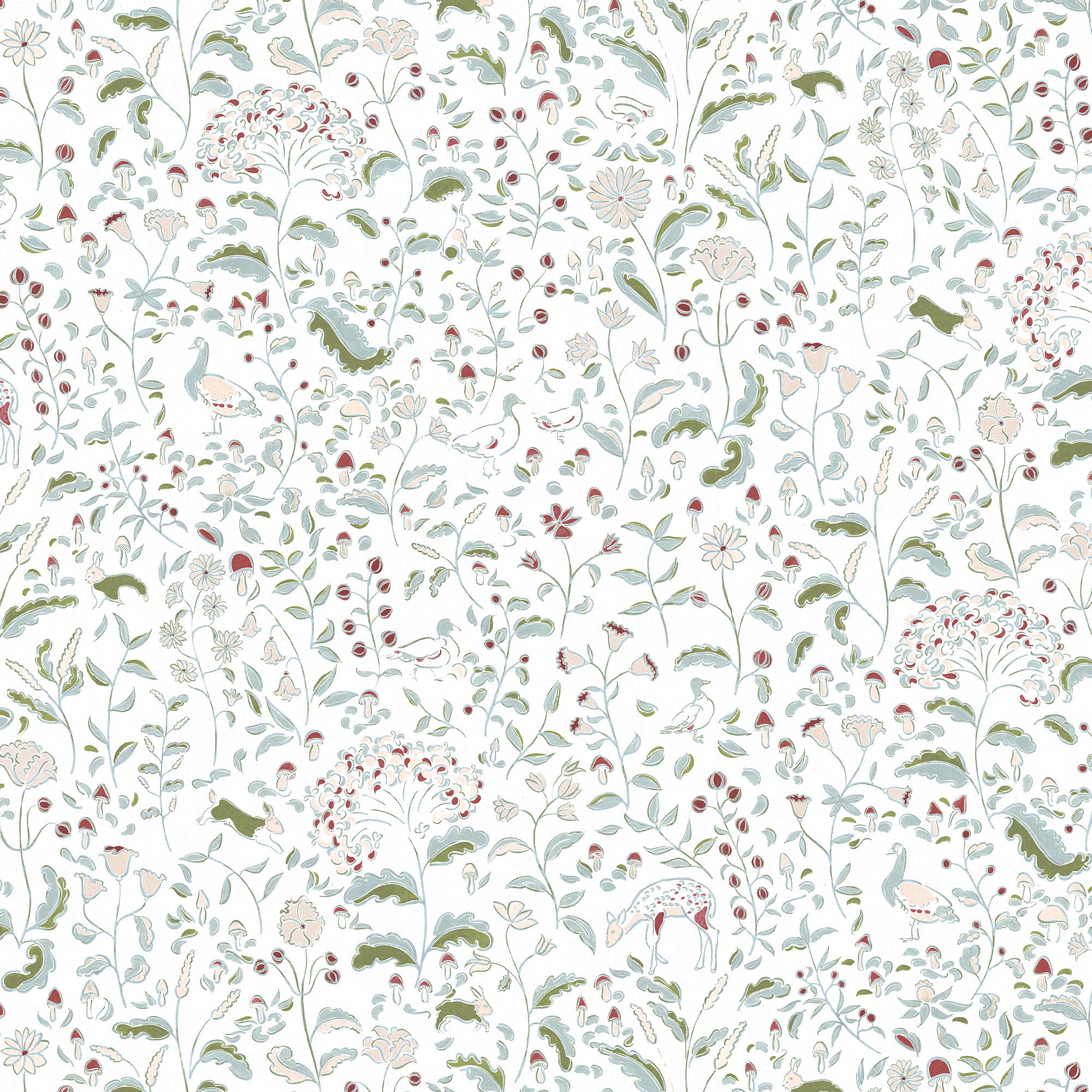 Ruby Moss custom curtain fabric featuring whimsical woodland creatures and delicate floral motifs by Pepper Home.