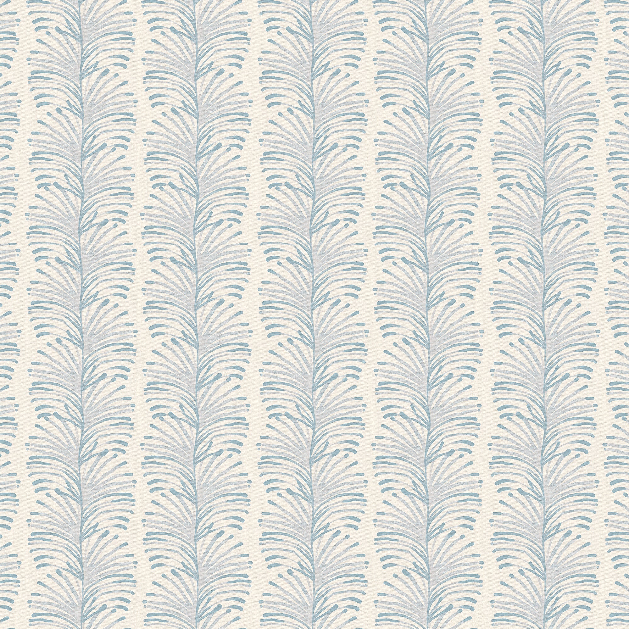 Emma Sky custom curtain fabric with hand-painted botanical stripes in airy blue, perfect for relaxed, coastal-inspired interiors.