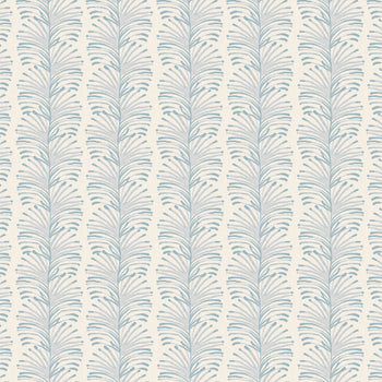 Emma Sky custom curtain fabric with hand-painted botanical stripes in airy blue, perfect for relaxed, coastal-inspired interiors.