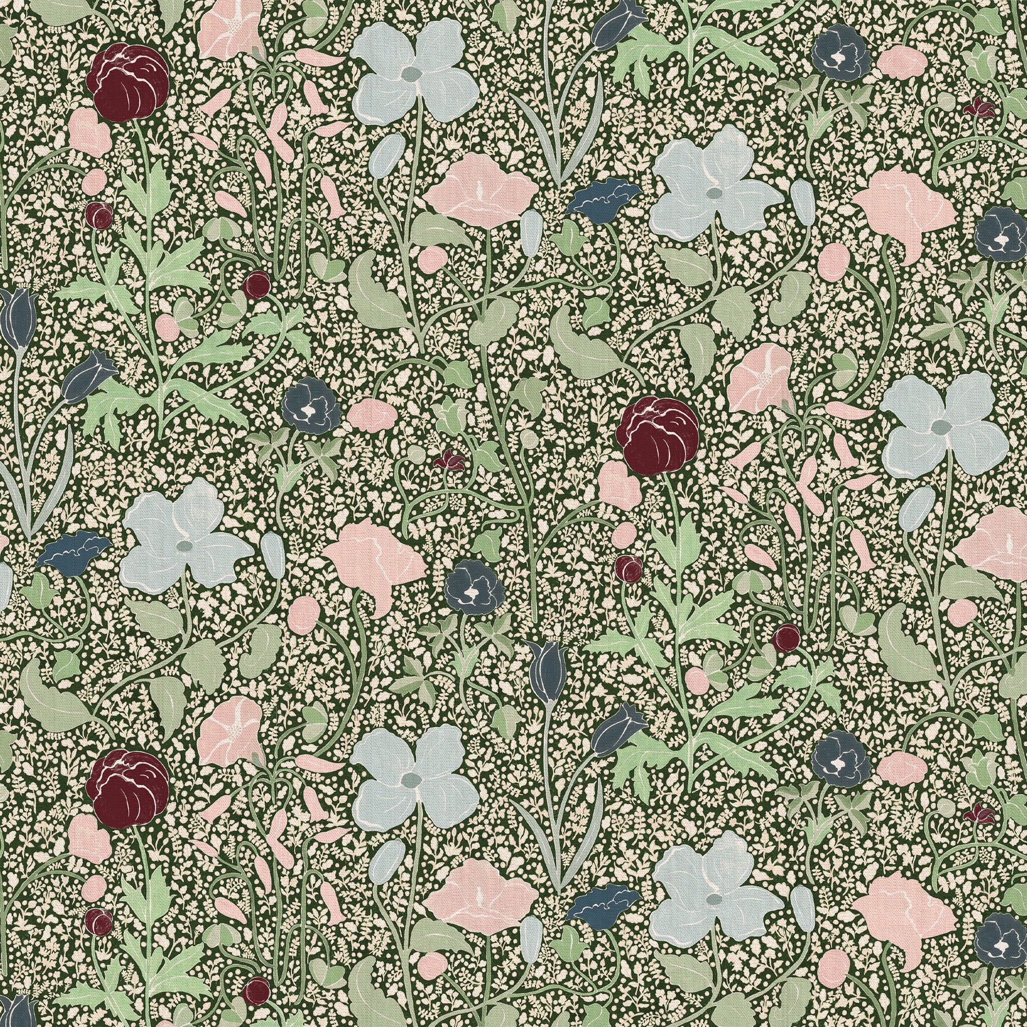 Matilda custom fabric with hand-painted ditsy and oversized floral patterns in soft pastels and deep neutrals by Pepper Home
