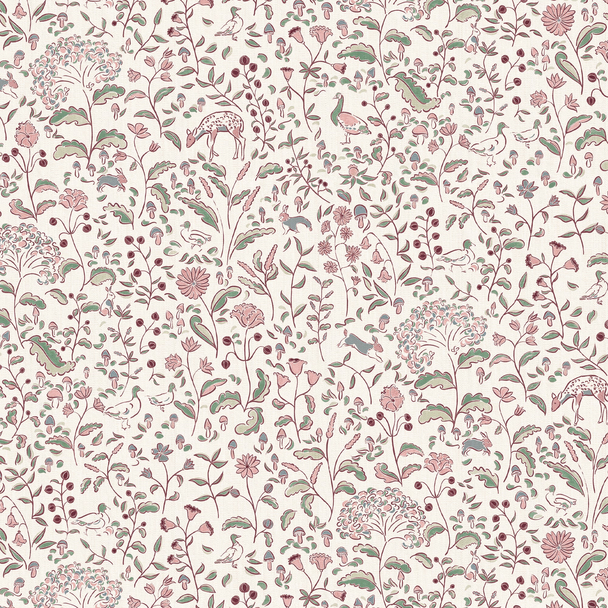 Ruby Burgundy curtain fabric with hand-painted floral and woodland creature design by Pepper Home, custom made-to-order elegance.