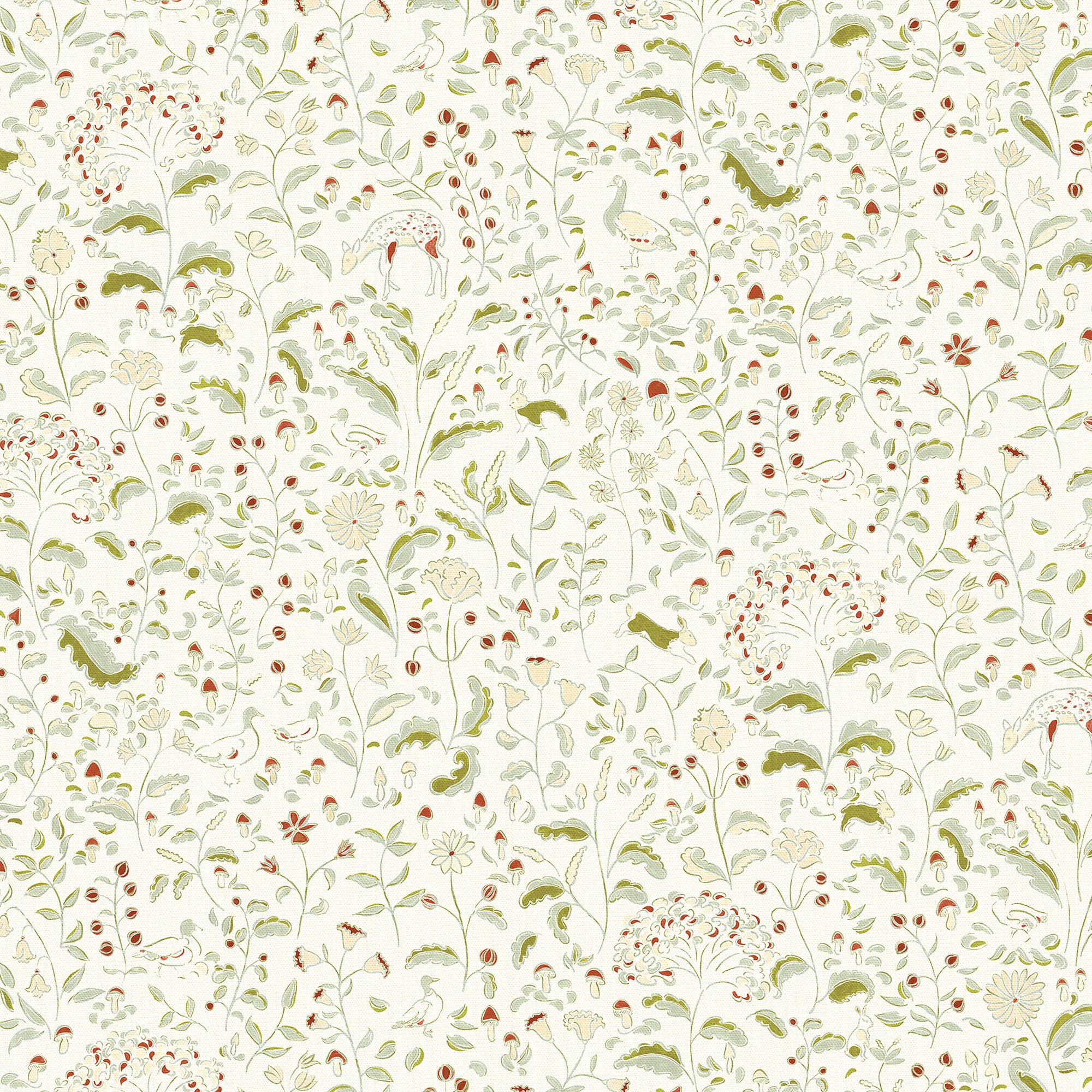 Ruby Moss custom curtain fabric featuring whimsical woodland creatures and delicate floral motifs by Pepper Home.