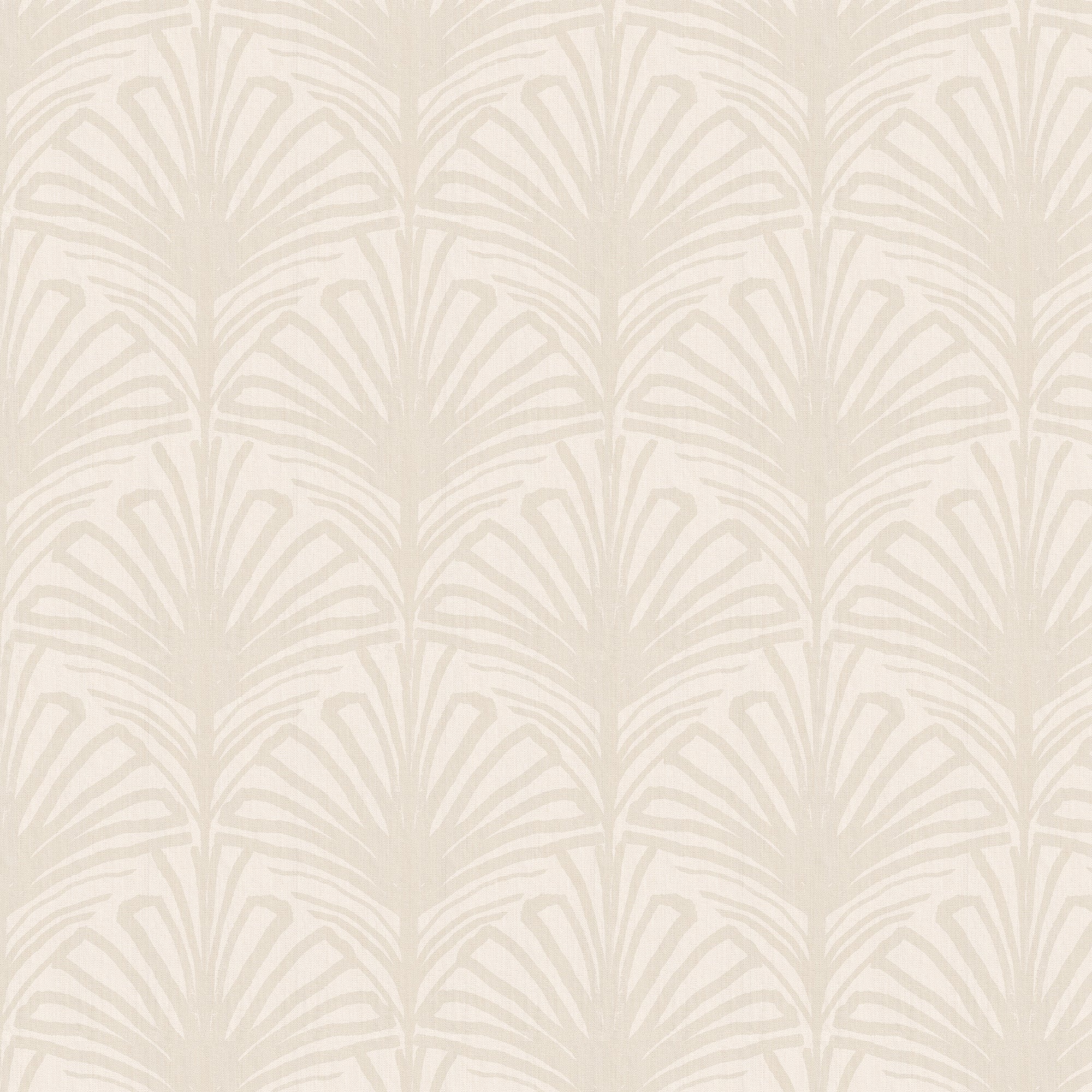 Suzy Sand custom sheer curtains by Pepper Home feature hand-painted palm motifs with a warm, elegant scalloped design.