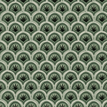 Thatcher Forest curtain fabric with custom deep forest tones and layered arches by Pepper Home for elegant spaces.
