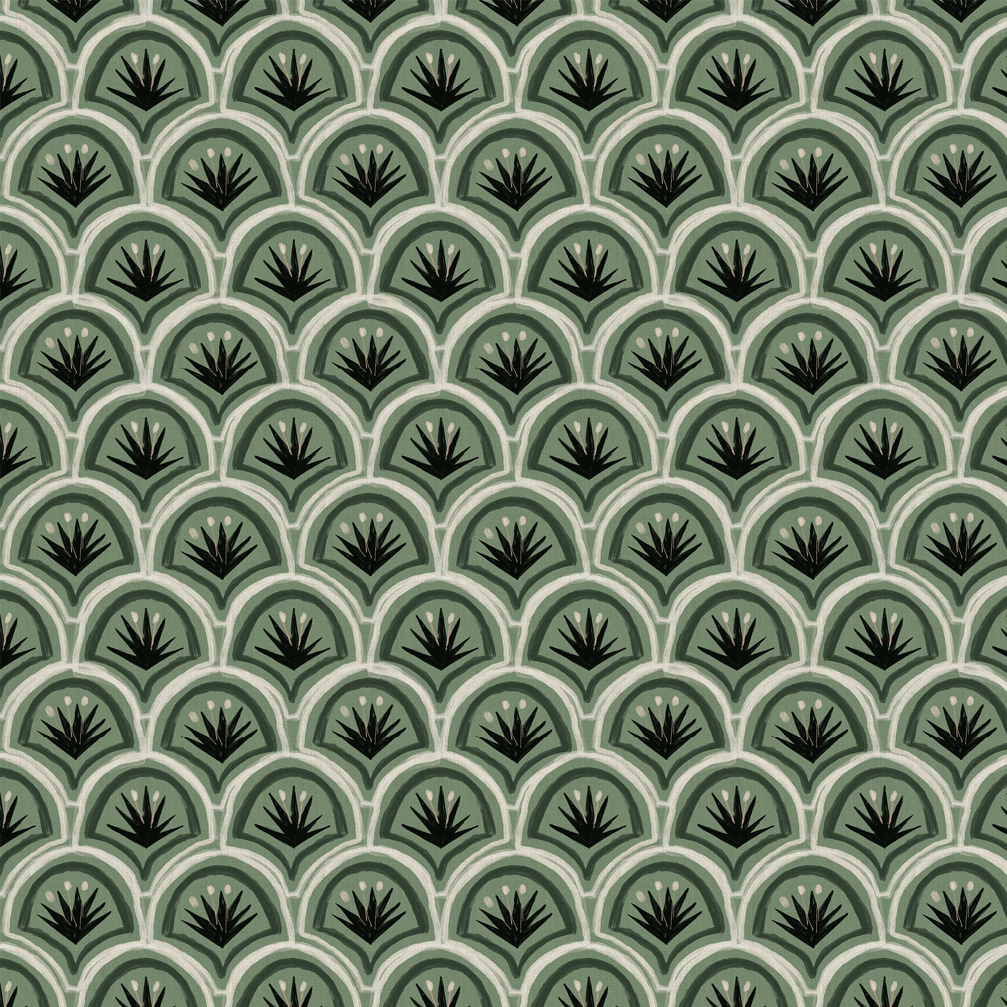 Thatcher Forest curtain fabric with custom deep forest tones and layered arches by Pepper Home for elegant spaces.