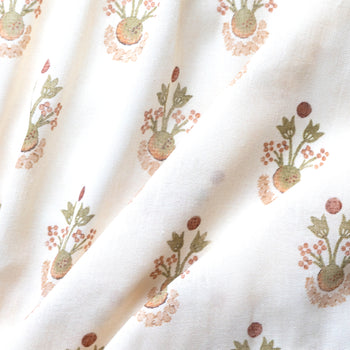 Lucie Clay fabric with soft green and muted terracotta botanical print on cream, made-to-order, short lead times, USA quality craftsmanship