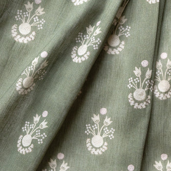 Lucie Olive fabric in soft green with delicate white floral patterns, made-to-order, short lead times, manufactured in the USA quality