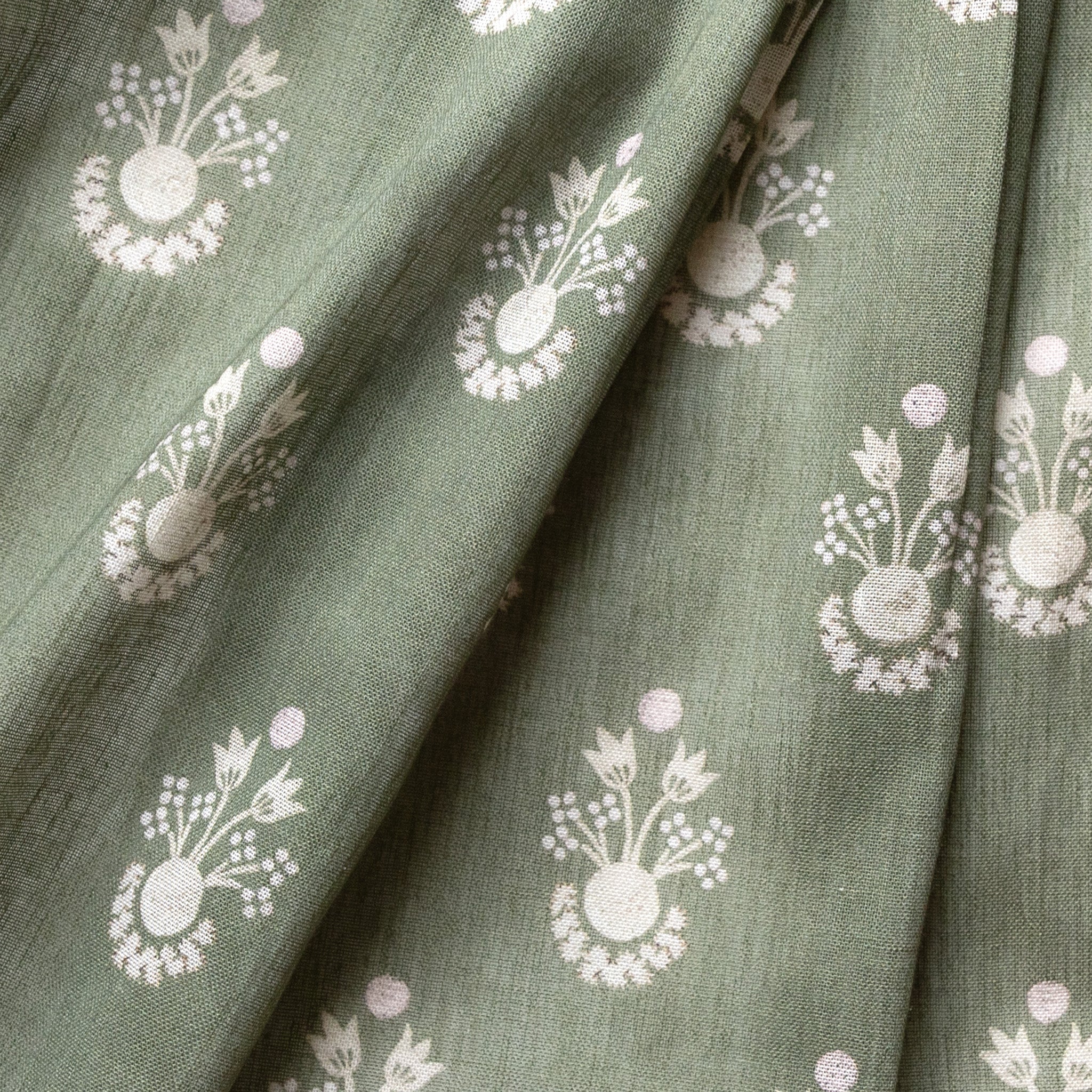 Lucie Olive fabric in soft green with delicate white floral patterns, made-to-order, short lead times, manufactured in the USA quality