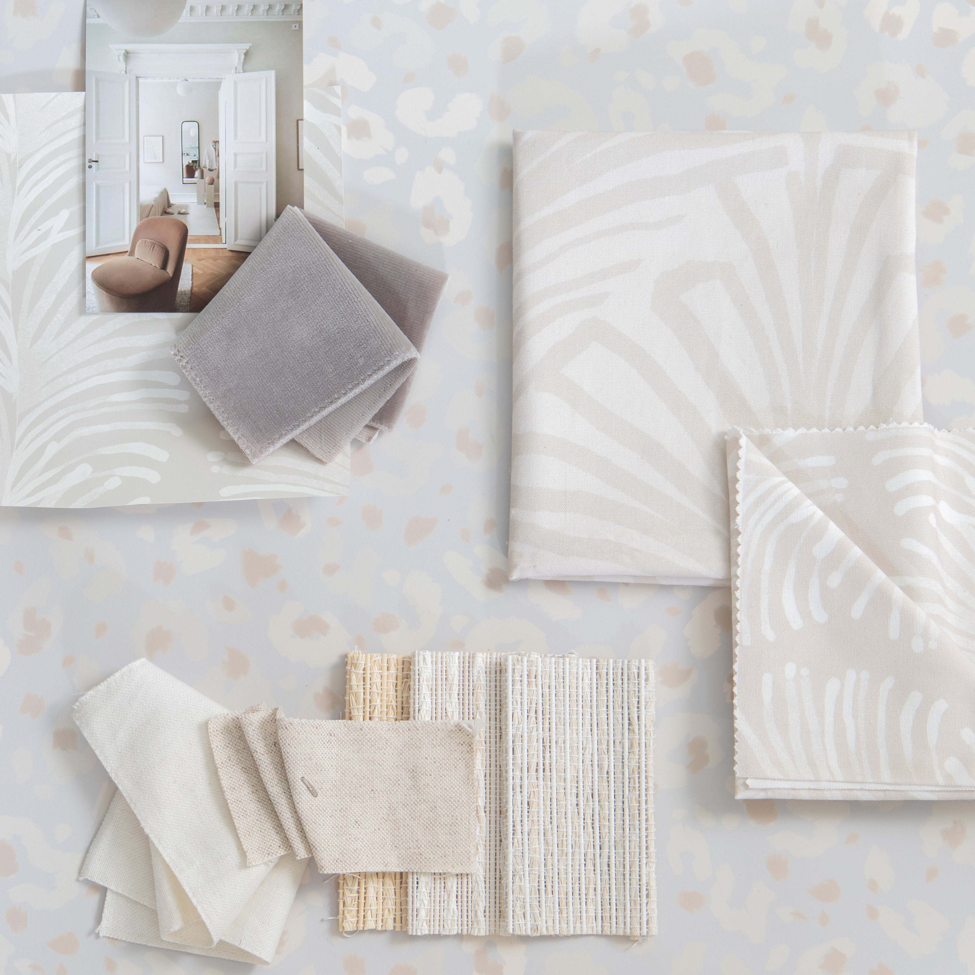 Suzy Sand made-to-order fabric swatches in soft neutral tones, crafted in the USA with quick lead times and quality design