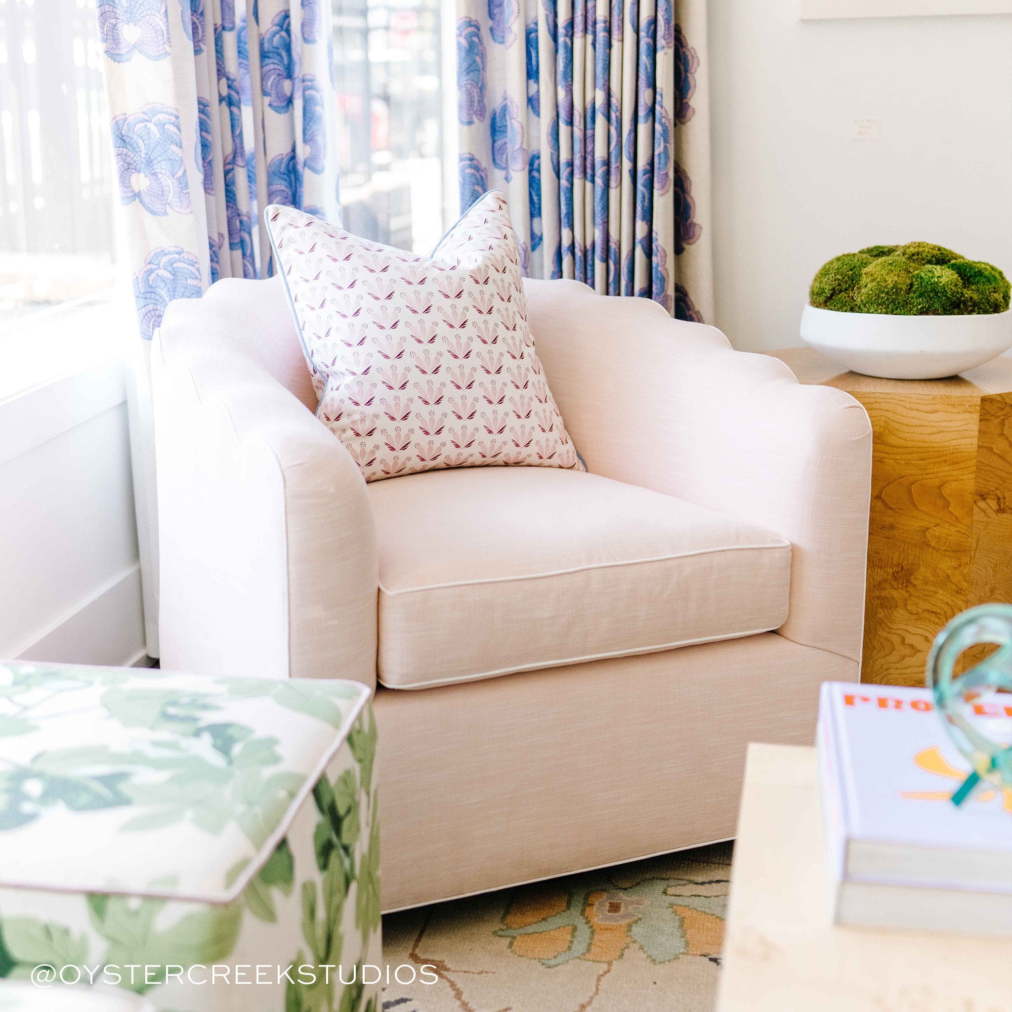 Serena Pink made-to-order plush chair with coordinating pink patterned pillow, crafted in the USA with quick lead times