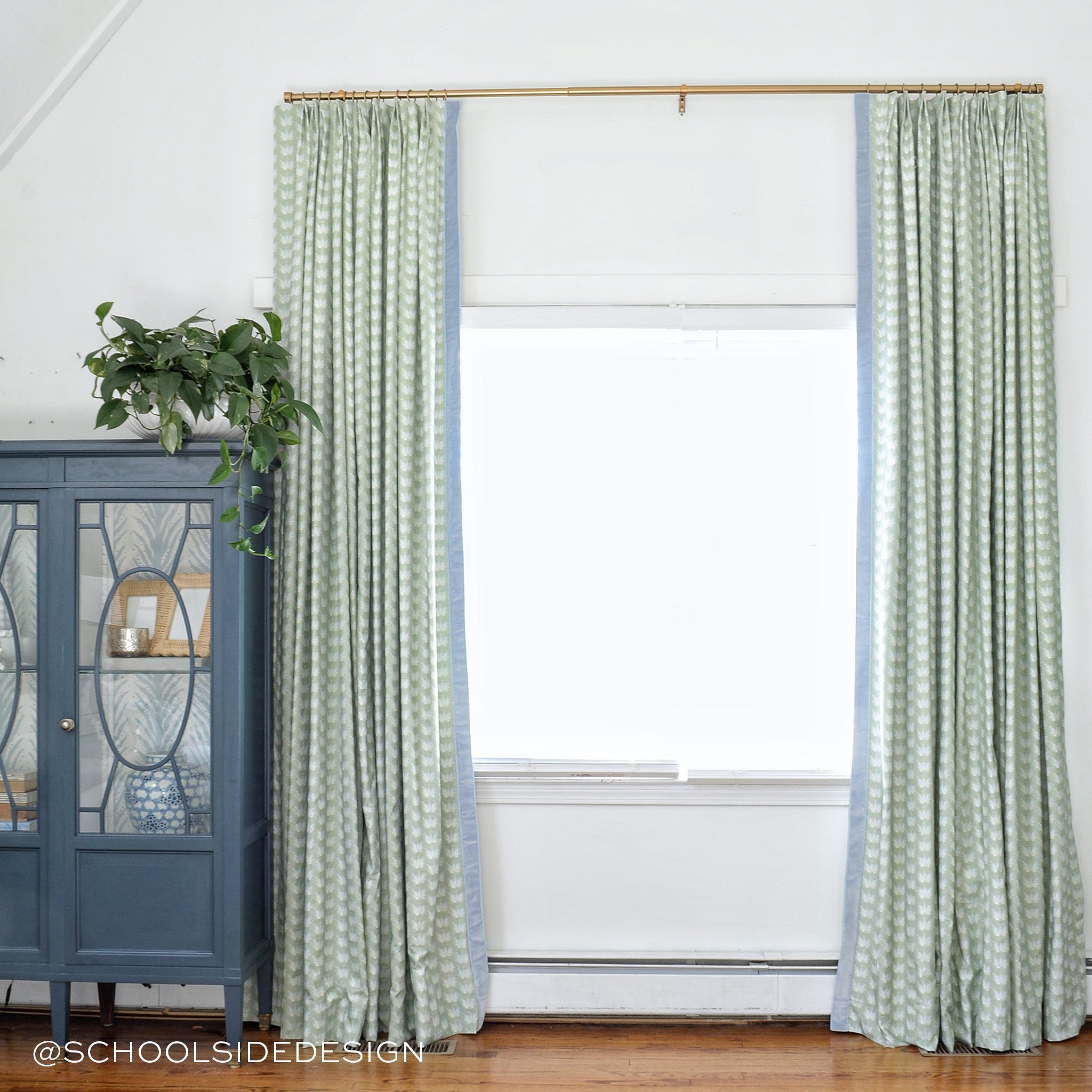Serena Sea Salt custom curtains with soft blue border and subtle pattern, made-to-order in the USA with short lead times