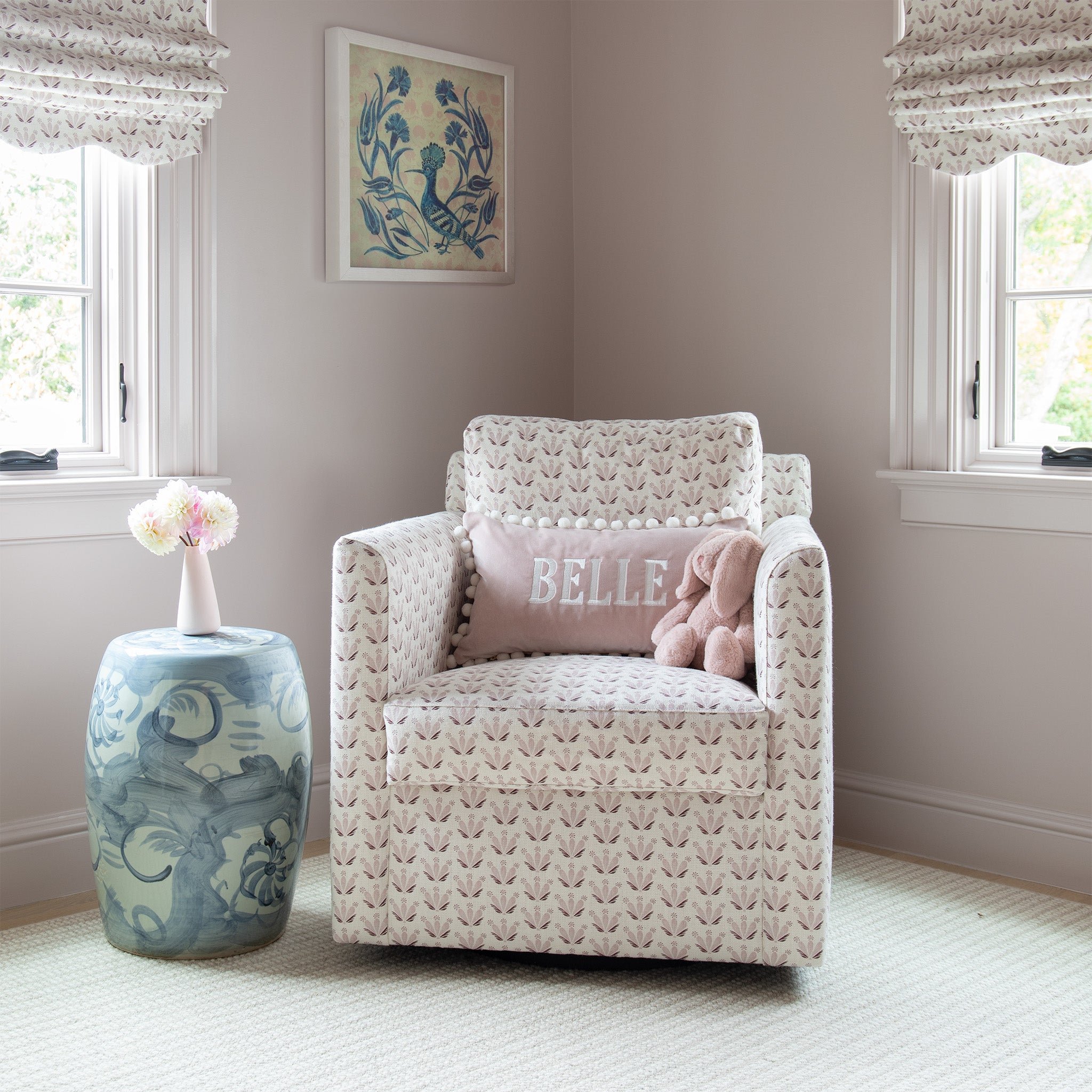 Rose made-to-order upholstered armchair with subtle pattern, crafted in the USA with fast turnaround and quality design