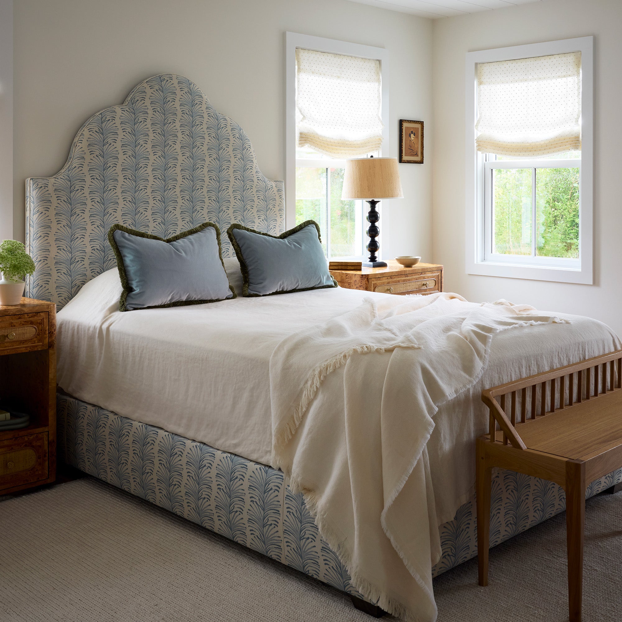 FEATURED: Emma Sky Regina Bed / Sky Velvet Pillow / Eloise Flour Roman Shades