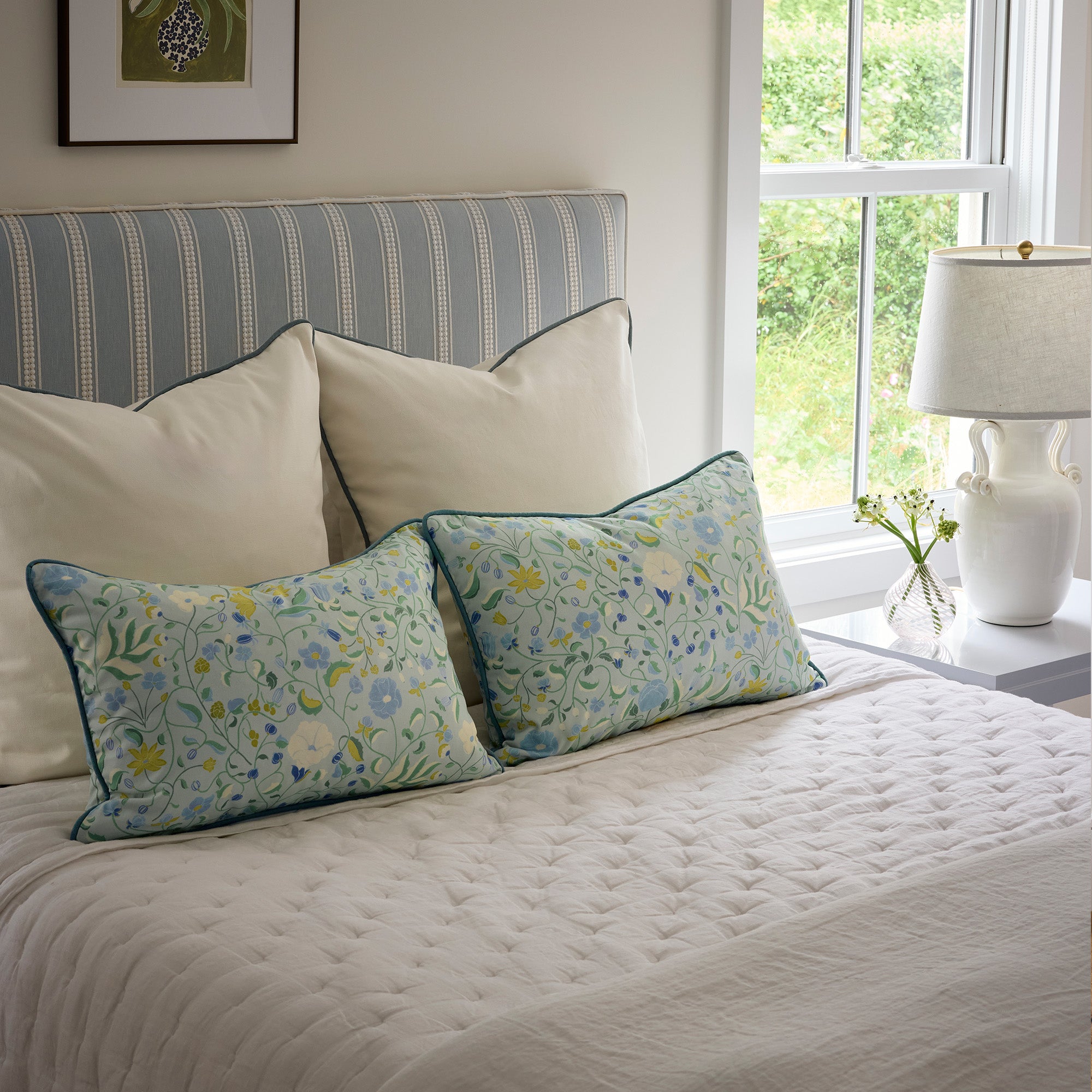 Oat fabric decorative pillows with floral pattern, made-to-order, quick delivery, quality craftsmanship, manufactured in the USA