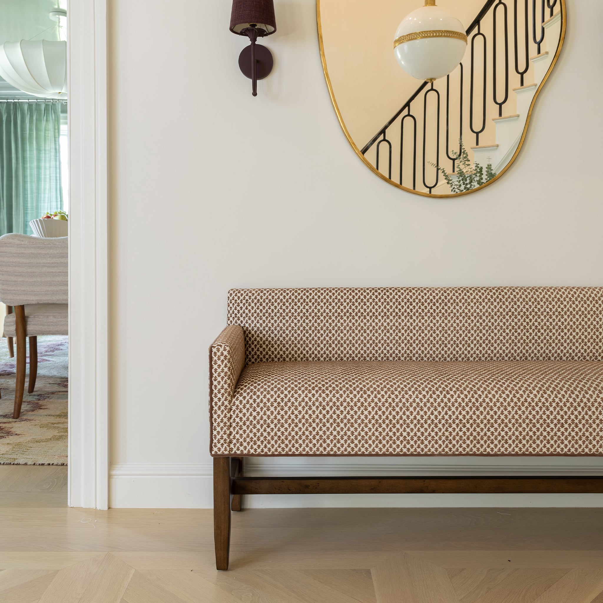 FEATURED: Blaire Bench shown with Tobacco Legs & Walnut Velvet Welt