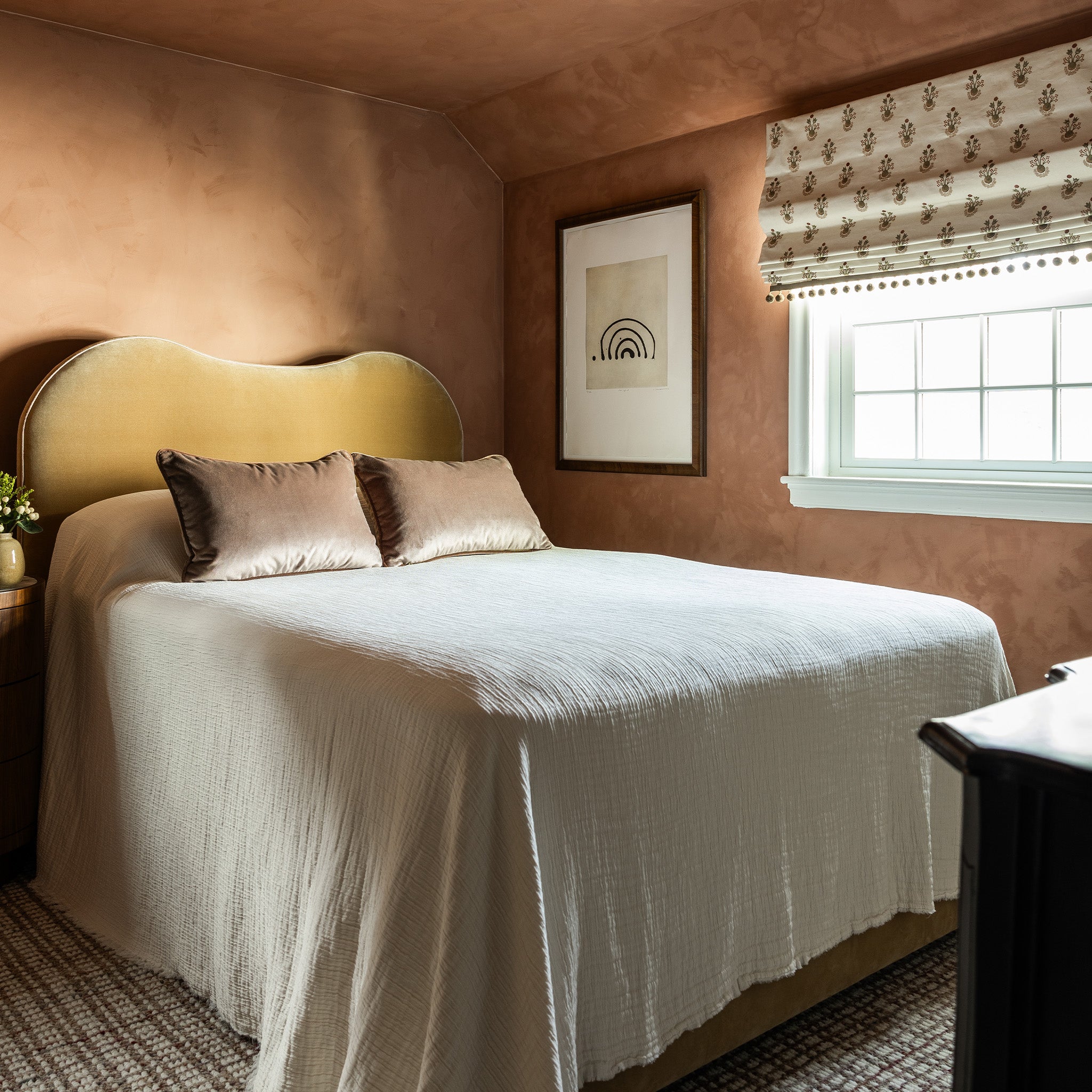 FEATURED: Lucie Clay Roman Shade / Camel Velvet Hudson Bed / Walnut Pillows